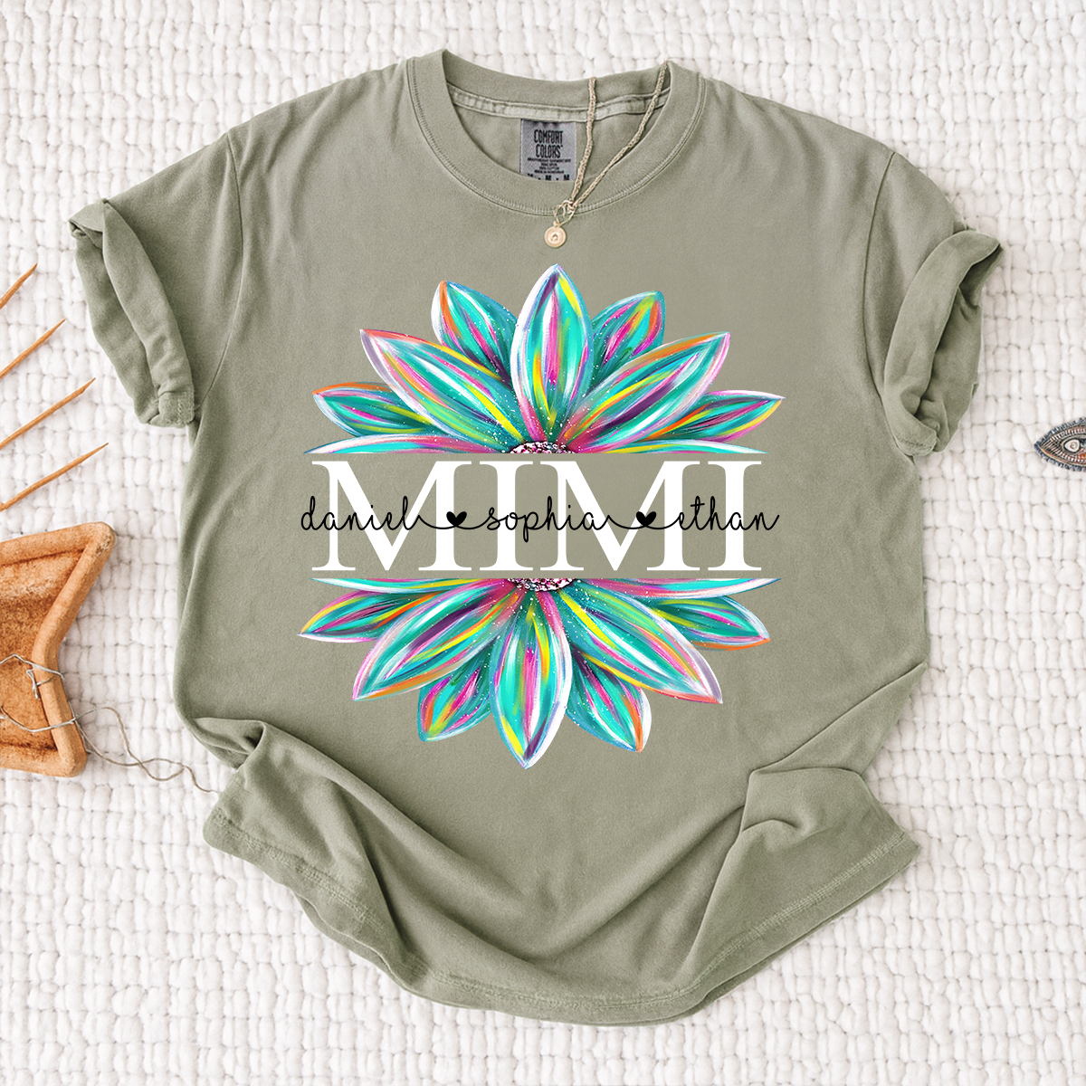 Comfort Colors Personalized MIMI T Shirt, Custom Family Names with Colorful Flower Design, Perfect Gift for Mimi