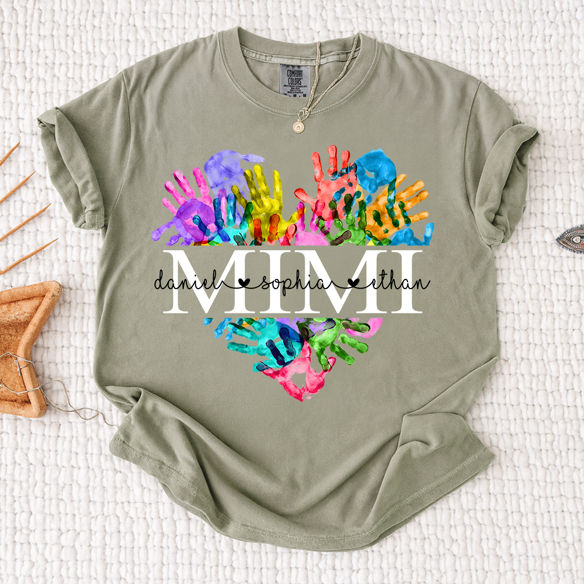 Comfort Colors Personalized Mimi Shirt Colorful Handprint Heart Custom Grandkids Names Mimi Grandma Gift T Shirt