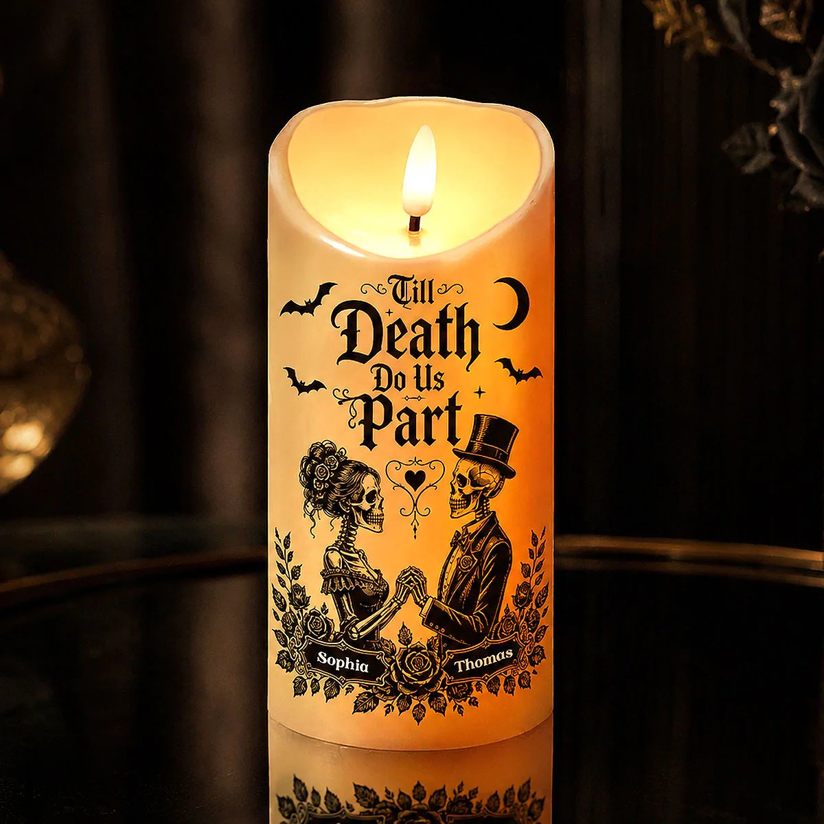 Till Death Do Us Part Skeleton Couple - Personalized LED Candle - Halloween Decor For Couple 