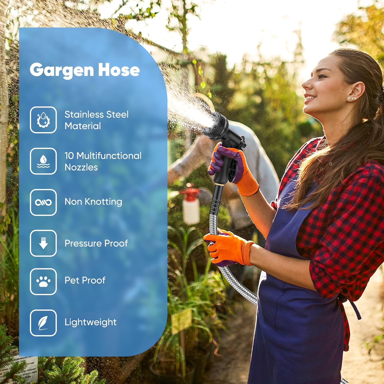 Metal Stainless Steel Water Hose with 10 Function Nozzles