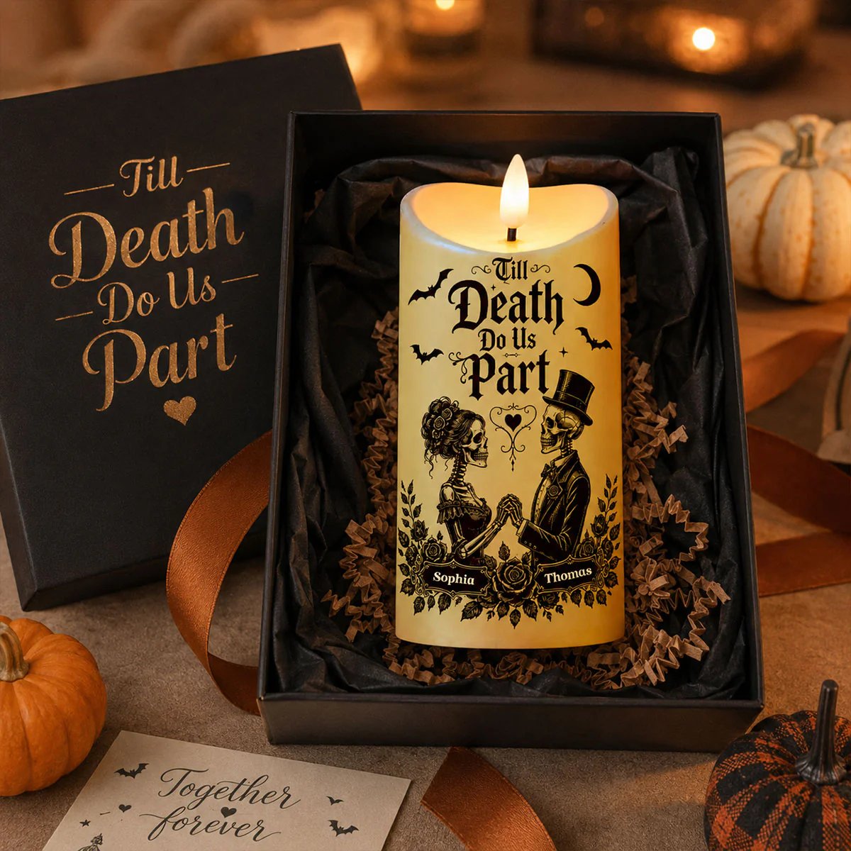 Till Death Do Us Part Skeleton Couple - Personalized LED Candle - Halloween Decor For Couple 