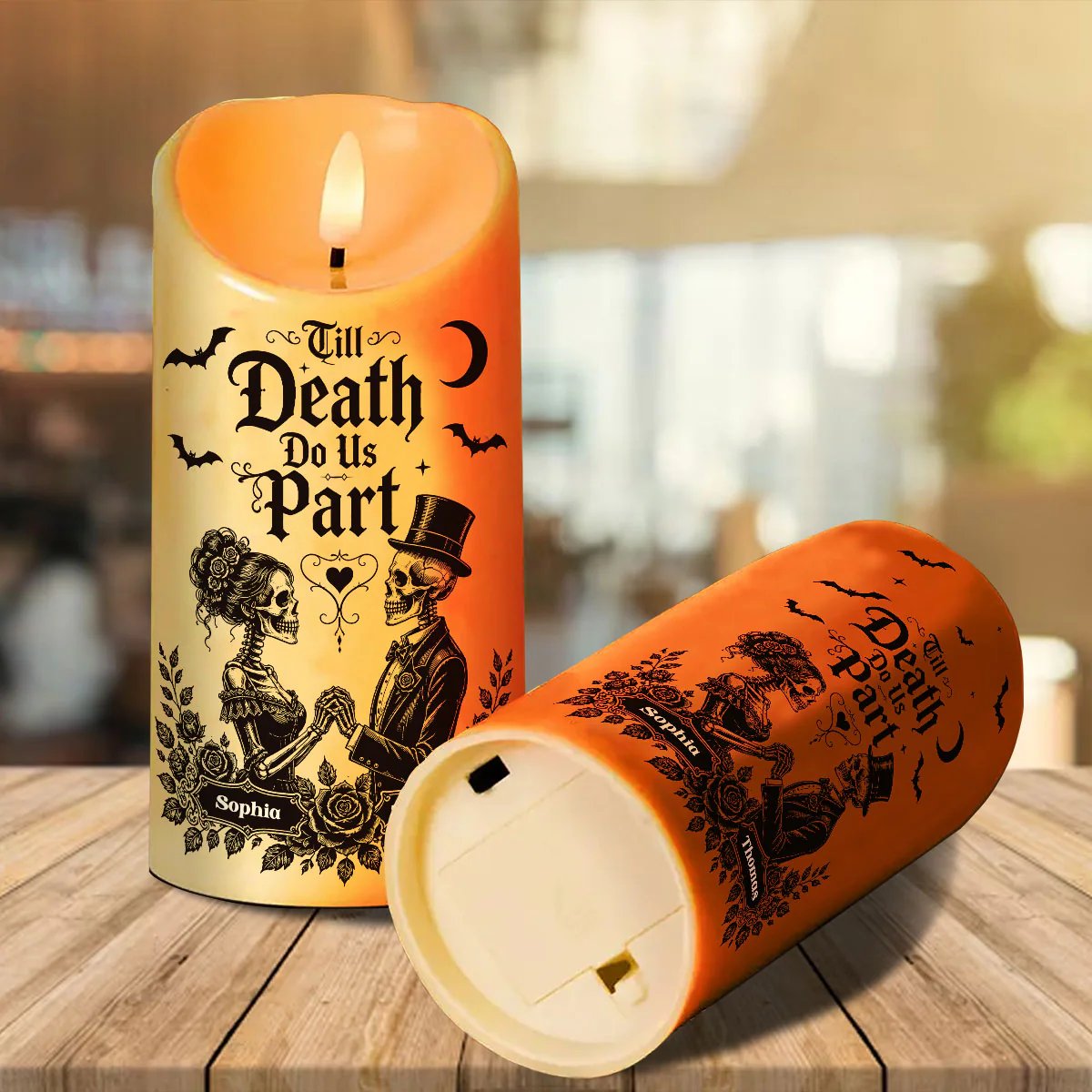 Till Death Do Us Part Skeleton Couple - Personalized LED Candle - Halloween Decor For Couple 