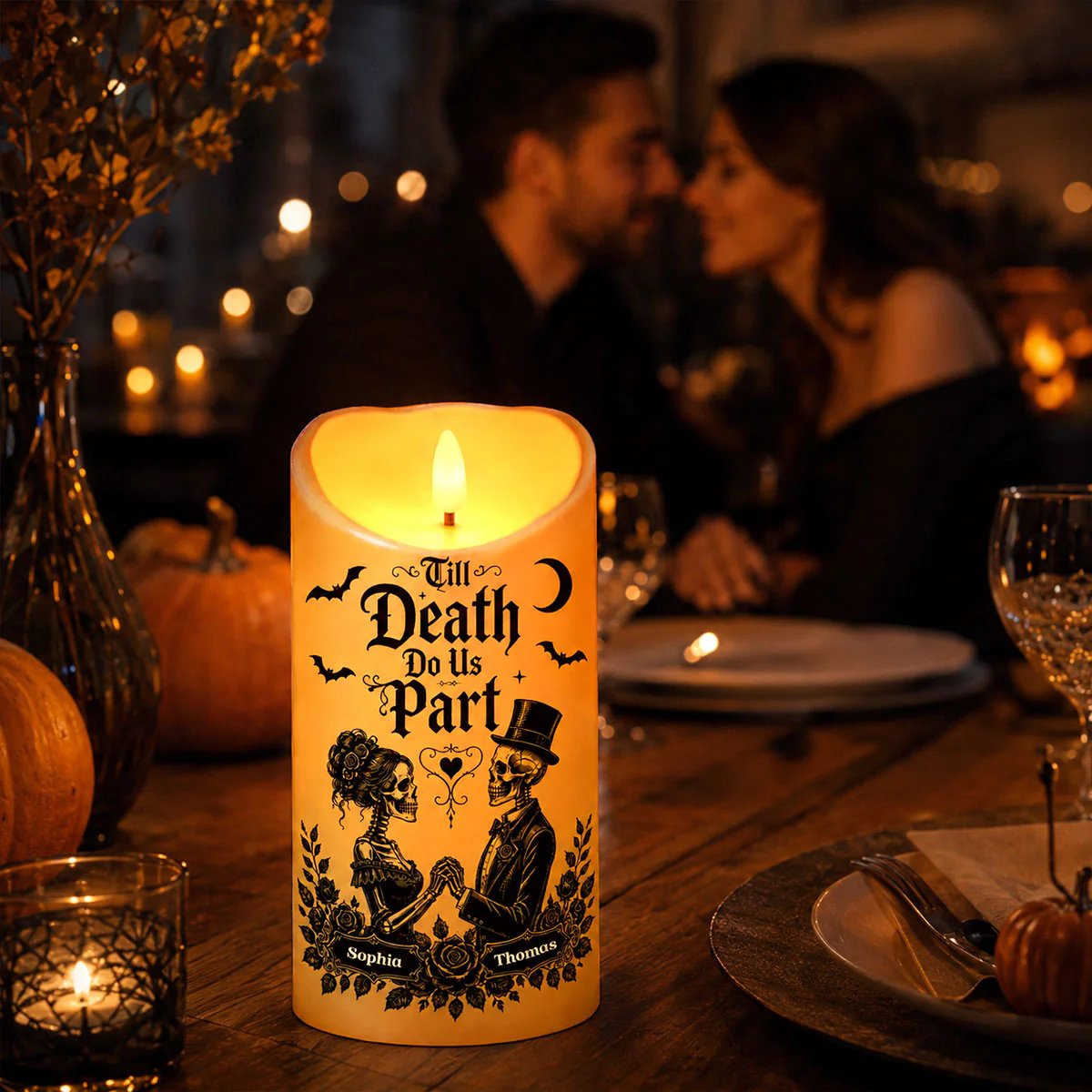 Till Death Do Us Part Skeleton Couple - Personalized LED Candle - Halloween Decor For Couple 