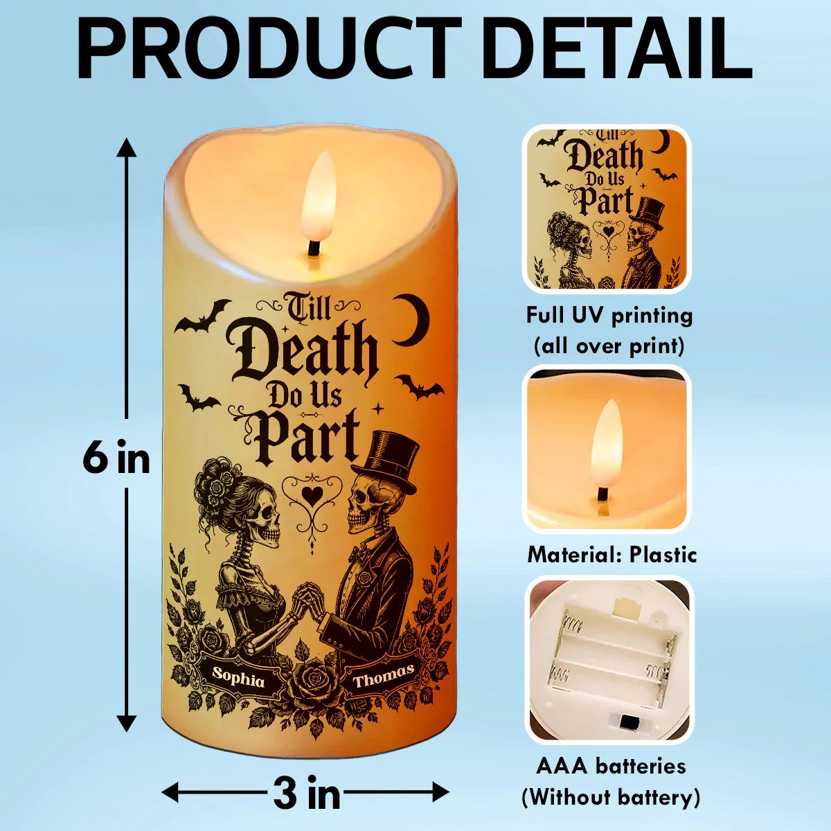 Till Death Do Us Part Skeleton Couple - Personalized LED Candle - Halloween Decor For Couple 