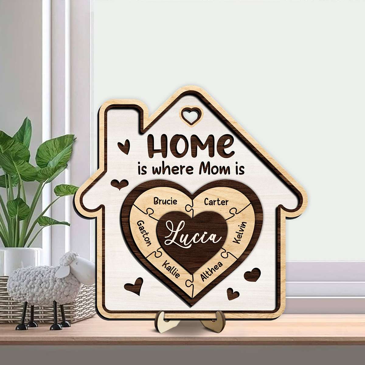 Home is Where Mom Is - Personalized Family Heart Puzzle Wooden Plaque with Custom Names