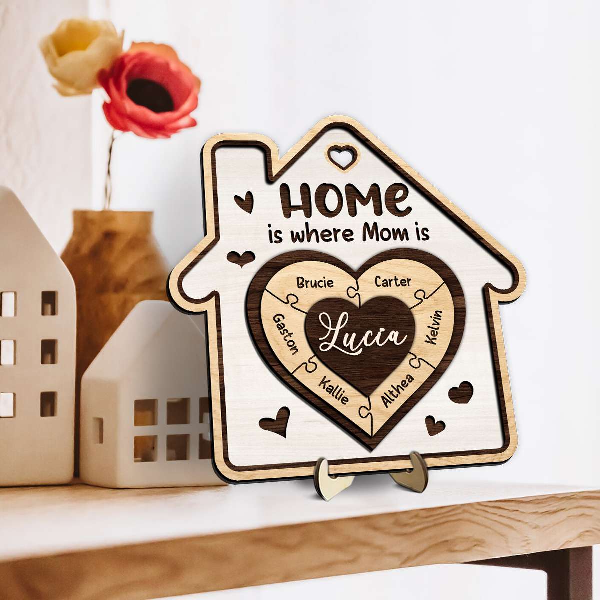 Home is Where Mom Is - Personalized Family Heart Puzzle Wooden Plaque with Custom Names