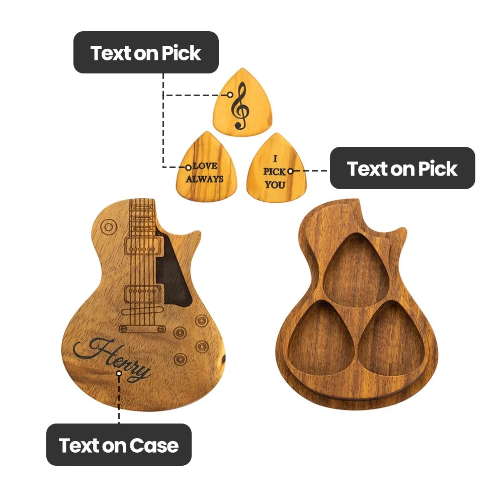 Personalized Wooden Guitar Picks Set of 3 with a Storage Case, Engraved Holder Box for Pick Set, Gift for Guitar Player Musician Birthday Gift Idea