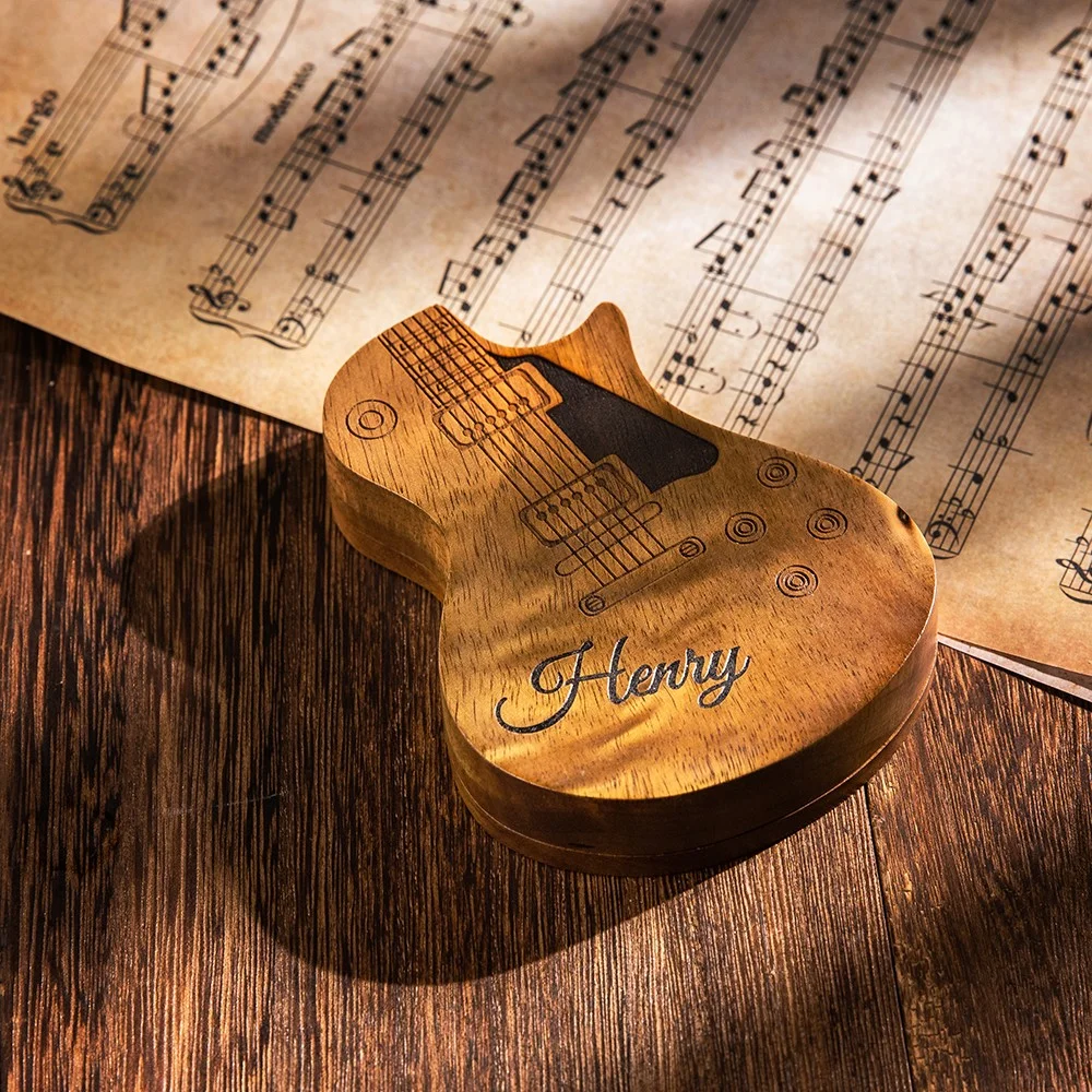 Personalized Wooden Guitar Picks Set of 3 with a Storage Case, Engraved Holder Box for Pick Set, Gift for Guitar Player Musician Birthday Gift Idea