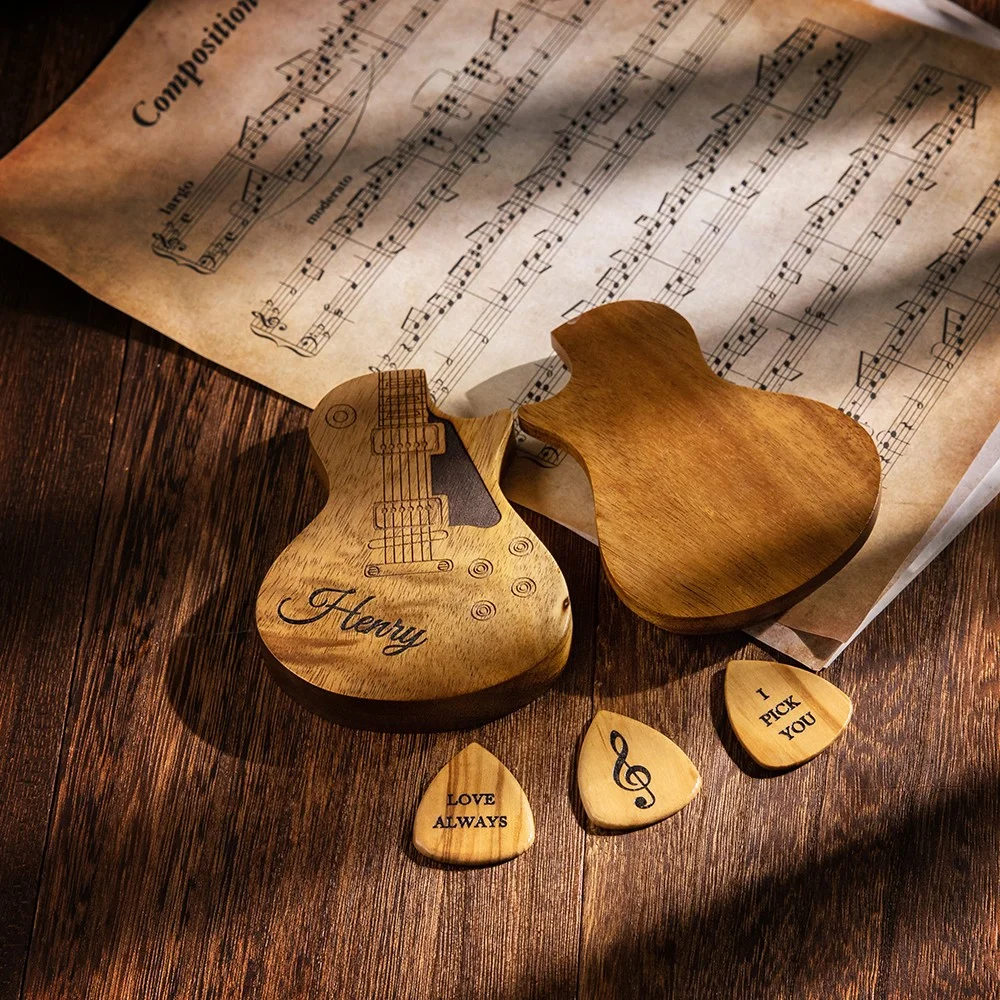 Personalized Wooden Guitar Picks Set of 3 with a Storage Case, Engraved Holder Box for Pick Set, Gift for Guitar Player Musician Birthday Gift Idea