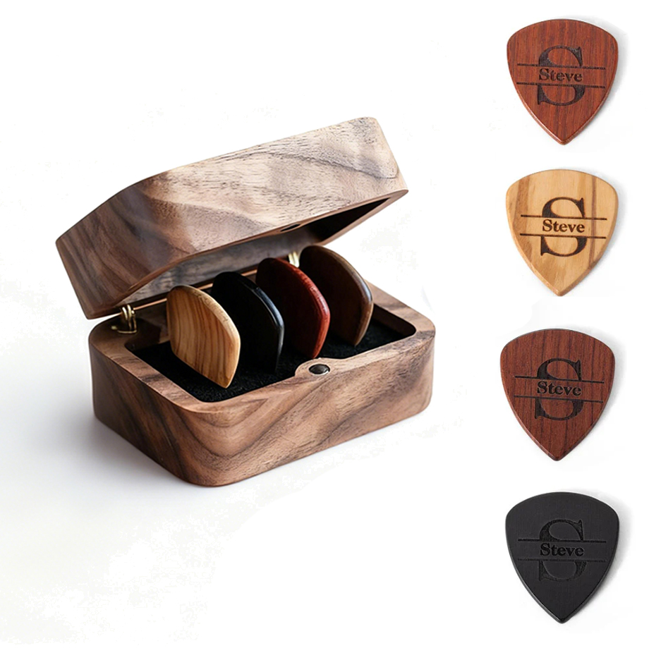 Personalized Walnut Guitar Pick Box, Plectrum Holder Case, 4/6/10 Slots, Custom Engraving