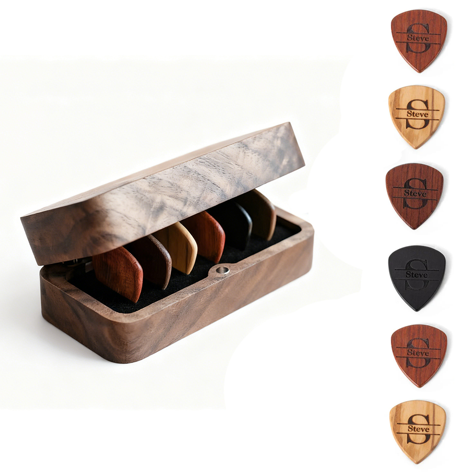 Personalized Walnut Guitar Pick Box, Plectrum Holder Case, 4/6/10 Slots, Custom Engraving
