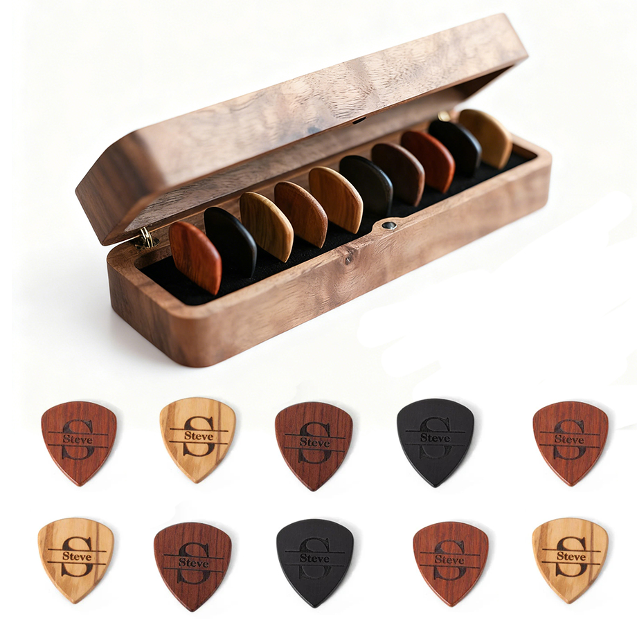 Personalized Walnut Guitar Pick Box, Plectrum Holder Case, 4/6/10 Slots, Custom Engraving