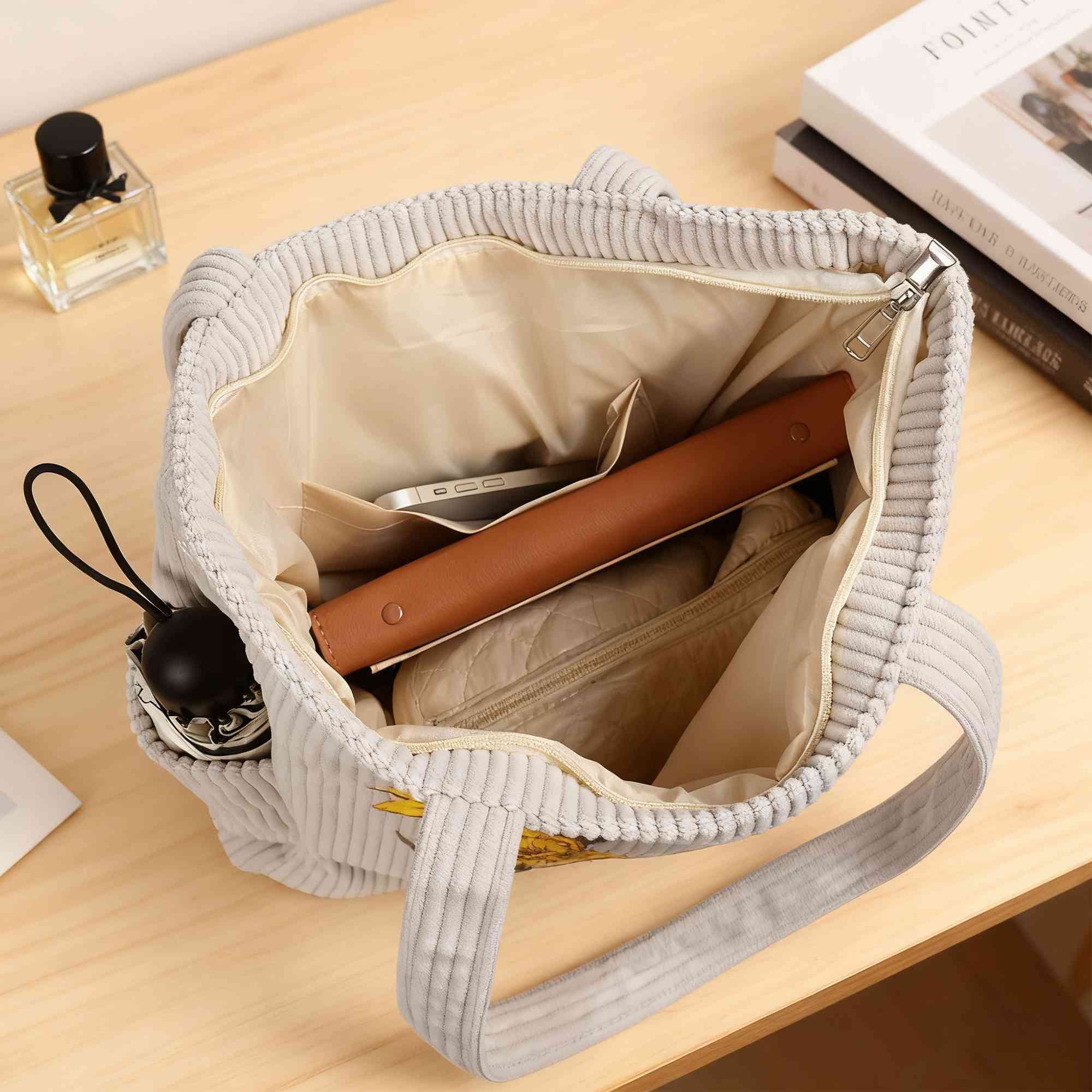 Personalized Name Birth Flower Corduroy Tote Bag, Large Capacity Zippered Commuter Handbag with Side Pockets, Birthday Gift for Her/Friends/Women