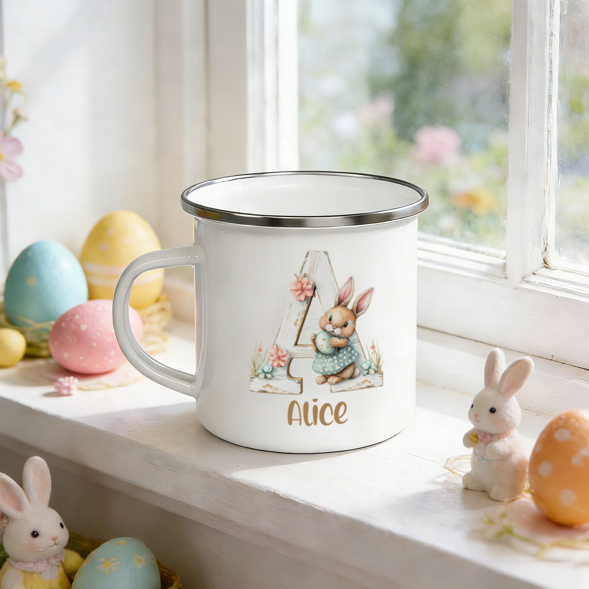 Personalized Name Bunny & Floral Wooden Alphabet Easter Enamel Mug, 12oz Cup with Handle, Tin Camping Mug, Easter Party Favor, Easter Gift for Kids