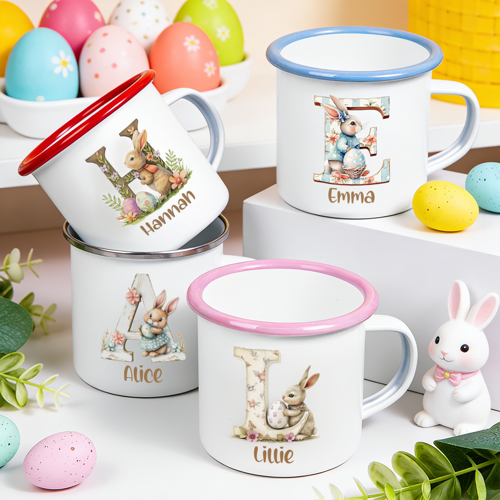 Personalized Name Bunny & Floral Wooden Alphabet Easter Enamel Mug, 12oz Cup with Handle, Tin Camping Mug, Easter Party Favor, Easter Gift for Kids