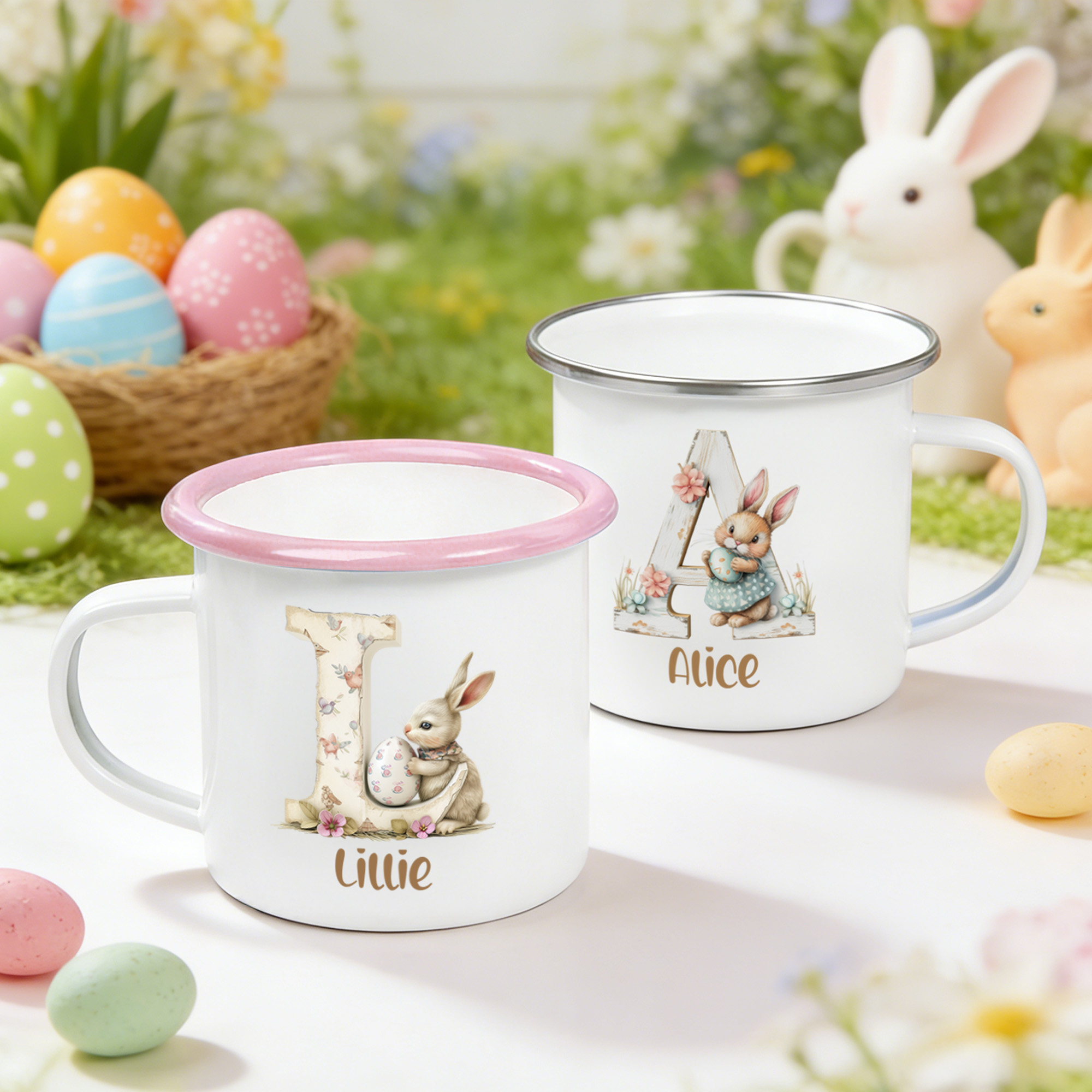 Personalized Name Bunny & Floral Wooden Alphabet Easter Enamel Mug, 12oz Cup with Handle, Tin Camping Mug, Easter Party Favor, Easter Gift for Kids