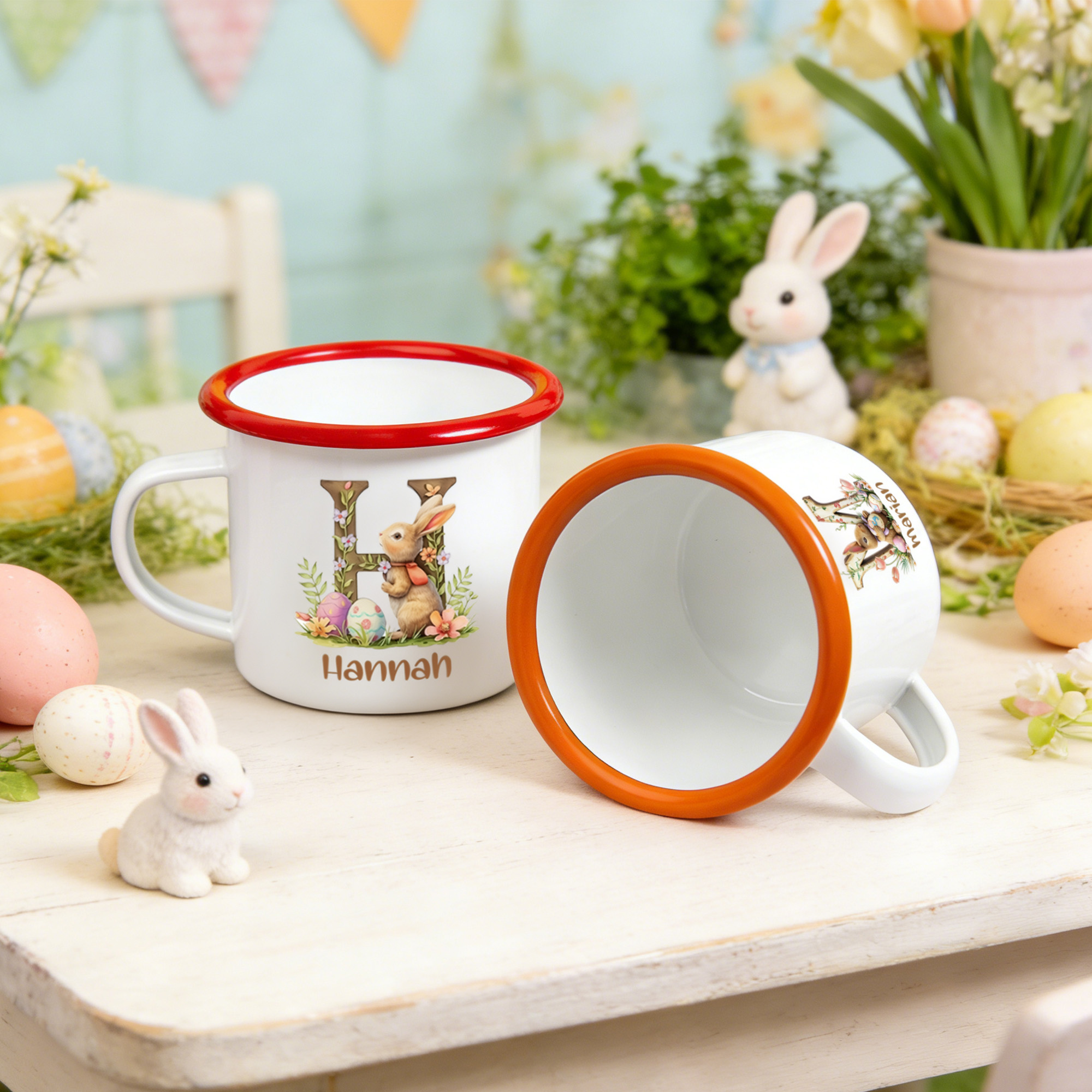 Personalized Name Bunny & Floral Wooden Alphabet Easter Enamel Mug, 12oz Cup with Handle, Tin Camping Mug, Easter Party Favor, Easter Gift for Kids