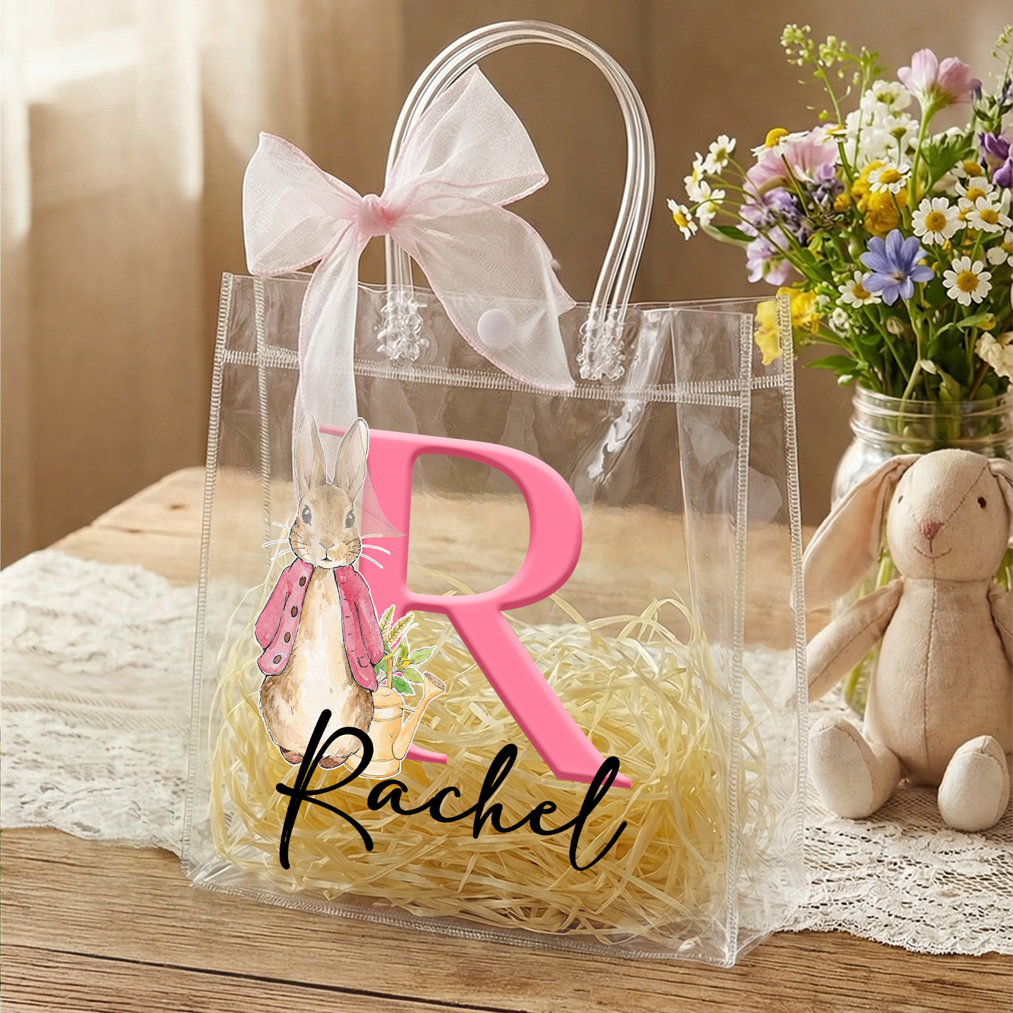 Personalized Name Peter Rabbit Alphabet Easter Gift Bag with Pink Bow Ribbon, PVC Clear Easter Egg Hunt Bag, Birthday/Easter Gift for Kids/Boys/Girls