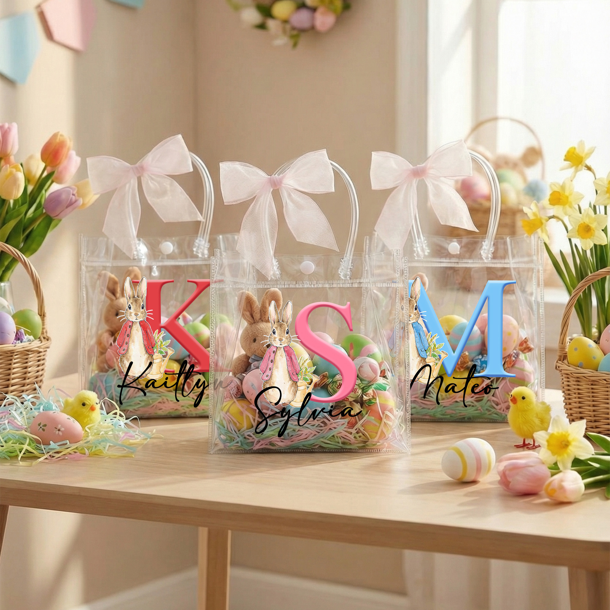 Personalized Name Peter Rabbit Alphabet Easter Gift Bag with Pink Bow Ribbon, PVC Clear Easter Egg Hunt Bag, Birthday/Easter Gift for Kids/Boys/Girls