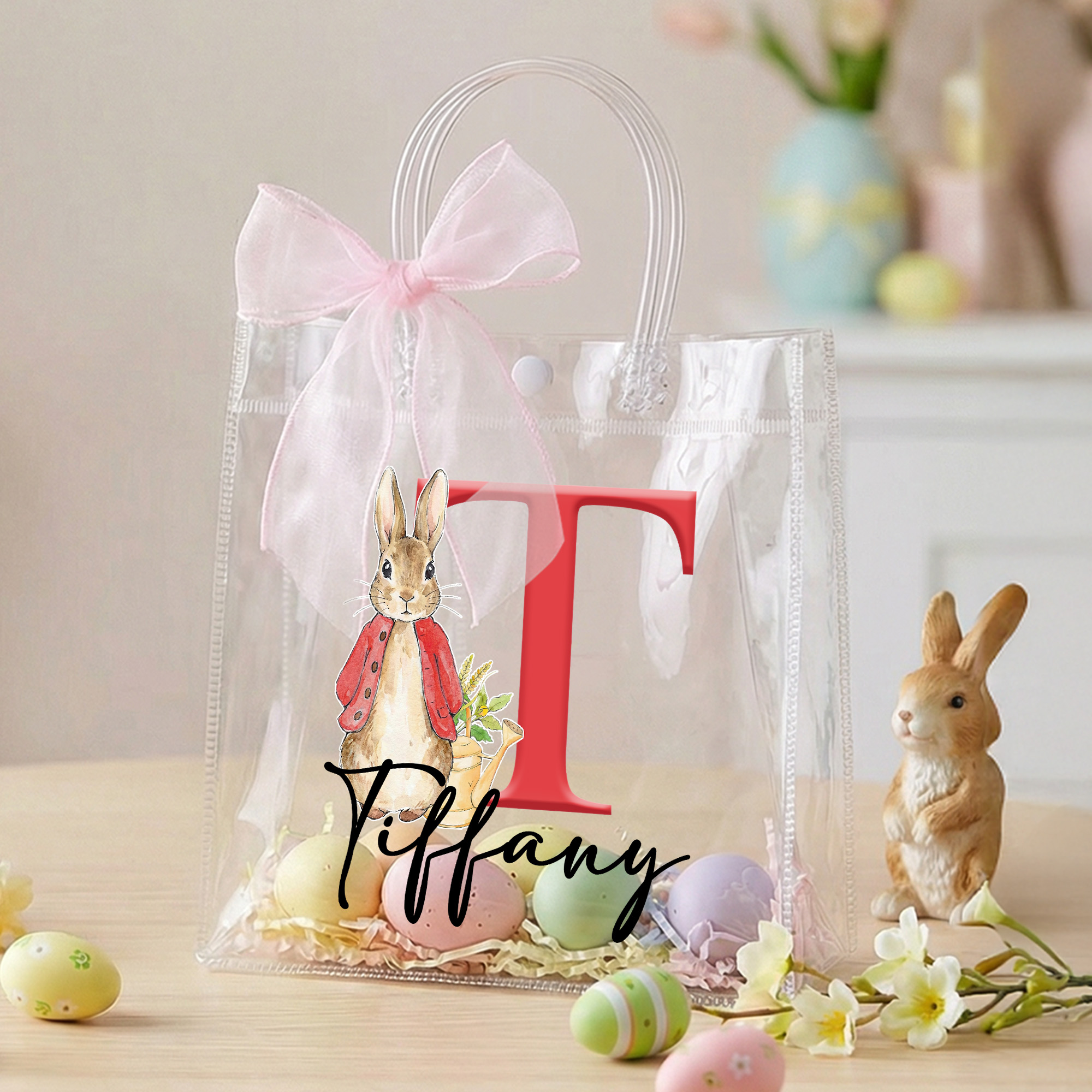 Personalized Name Peter Rabbit Alphabet Easter Gift Bag with Pink Bow Ribbon, PVC Clear Easter Egg Hunt Bag, Birthday/Easter Gift for Kids/Boys/Girls