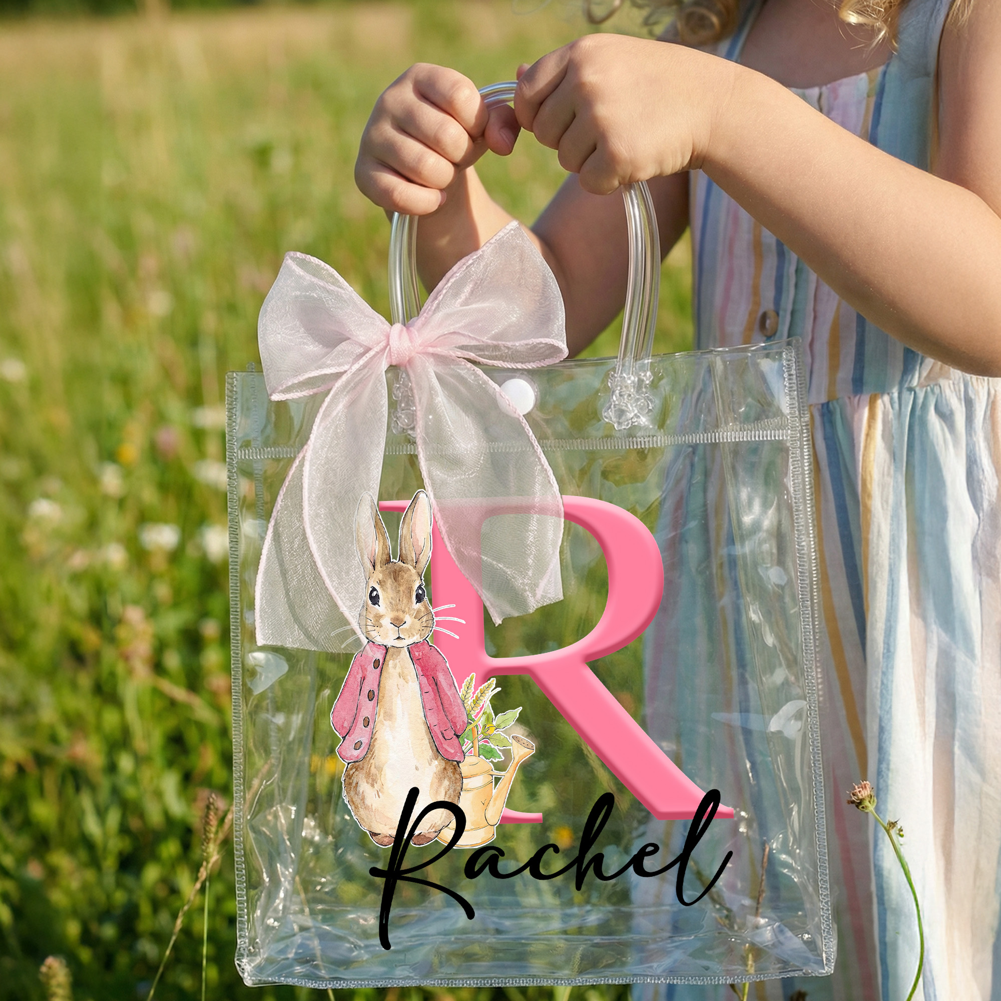Personalized Name Peter Rabbit Alphabet Easter Gift Bag with Pink Bow Ribbon, PVC Clear Easter Egg Hunt Bag, Birthday/Easter Gift for Kids/Boys/Girls