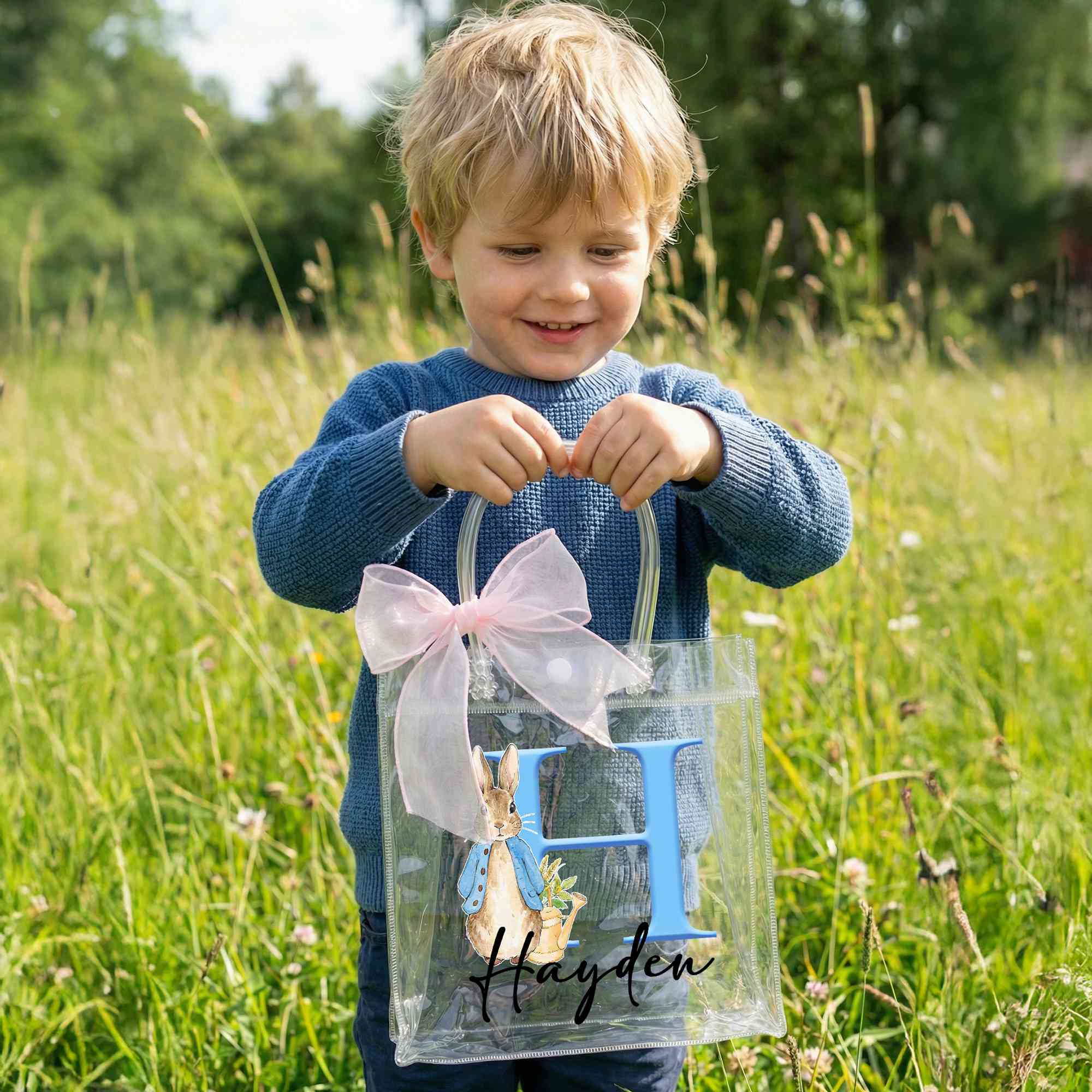 Personalized Name Peter Rabbit Alphabet Easter Gift Bag with Pink Bow Ribbon, PVC Clear Easter Egg Hunt Bag, Birthday/Easter Gift for Kids/Boys/Girls