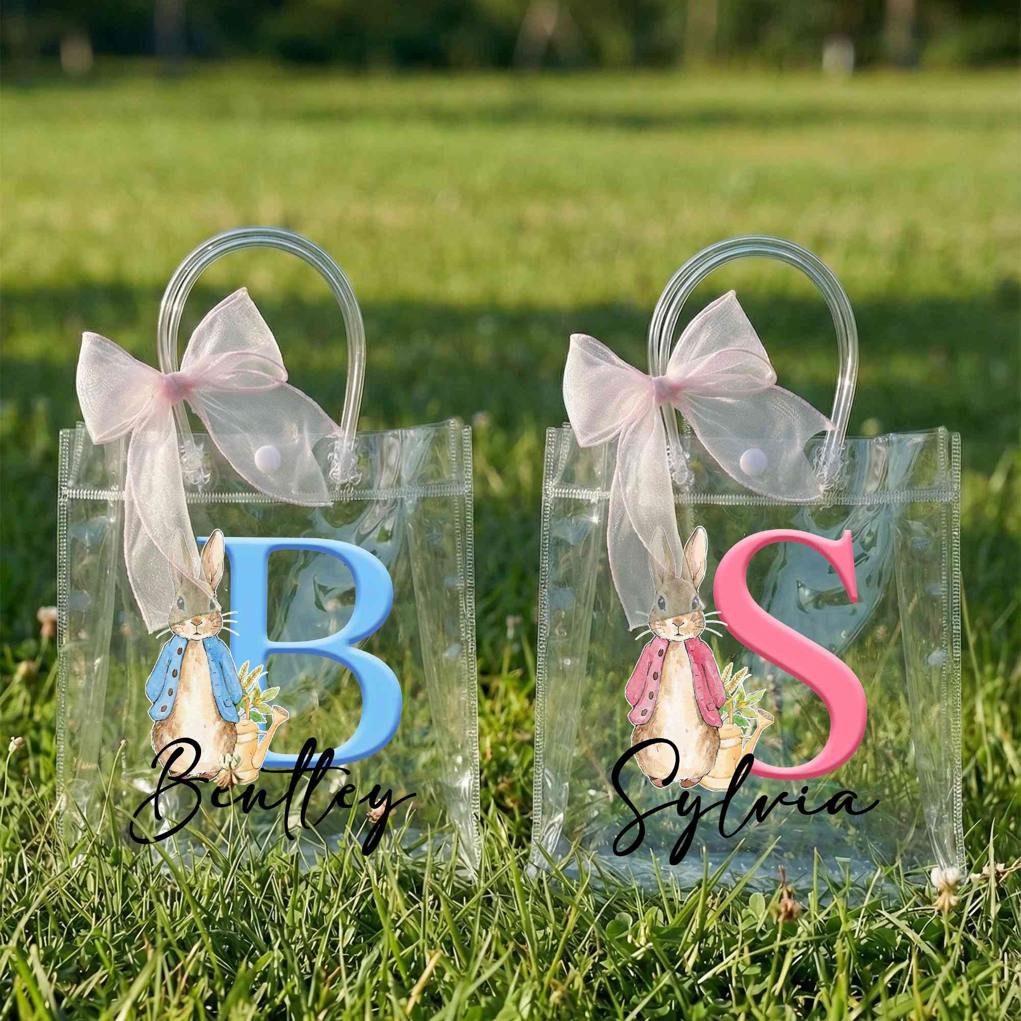 Personalized Name Peter Rabbit Alphabet Easter Gift Bag with Pink Bow Ribbon, PVC Clear Easter Egg Hunt Bag, Birthday/Easter Gift for Kids/Boys/Girls