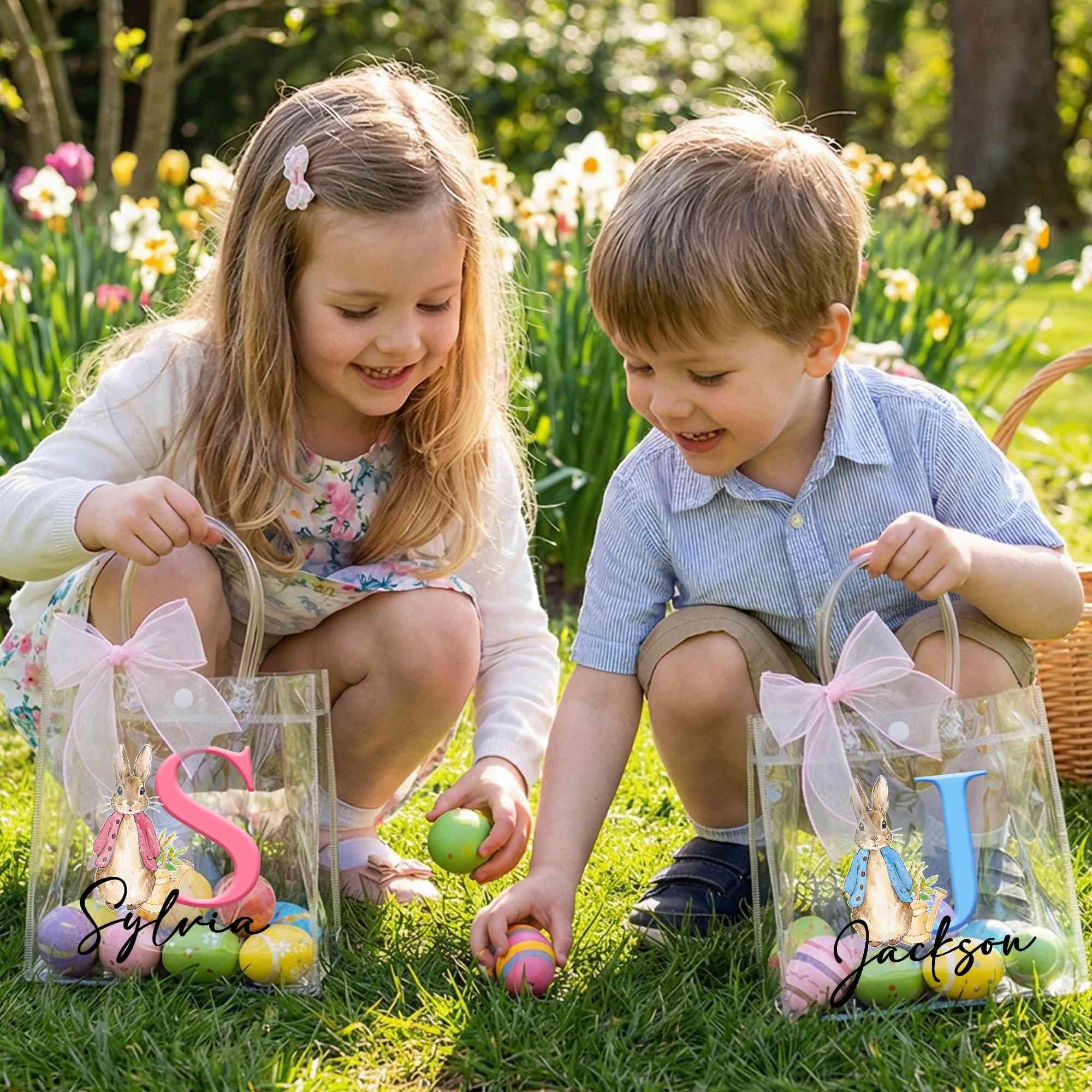 Personalized Name Peter Rabbit Alphabet Easter Gift Bag with Pink Bow Ribbon, PVC Clear Easter Egg Hunt Bag, Birthday/Easter Gift for Kids/Boys/Girls