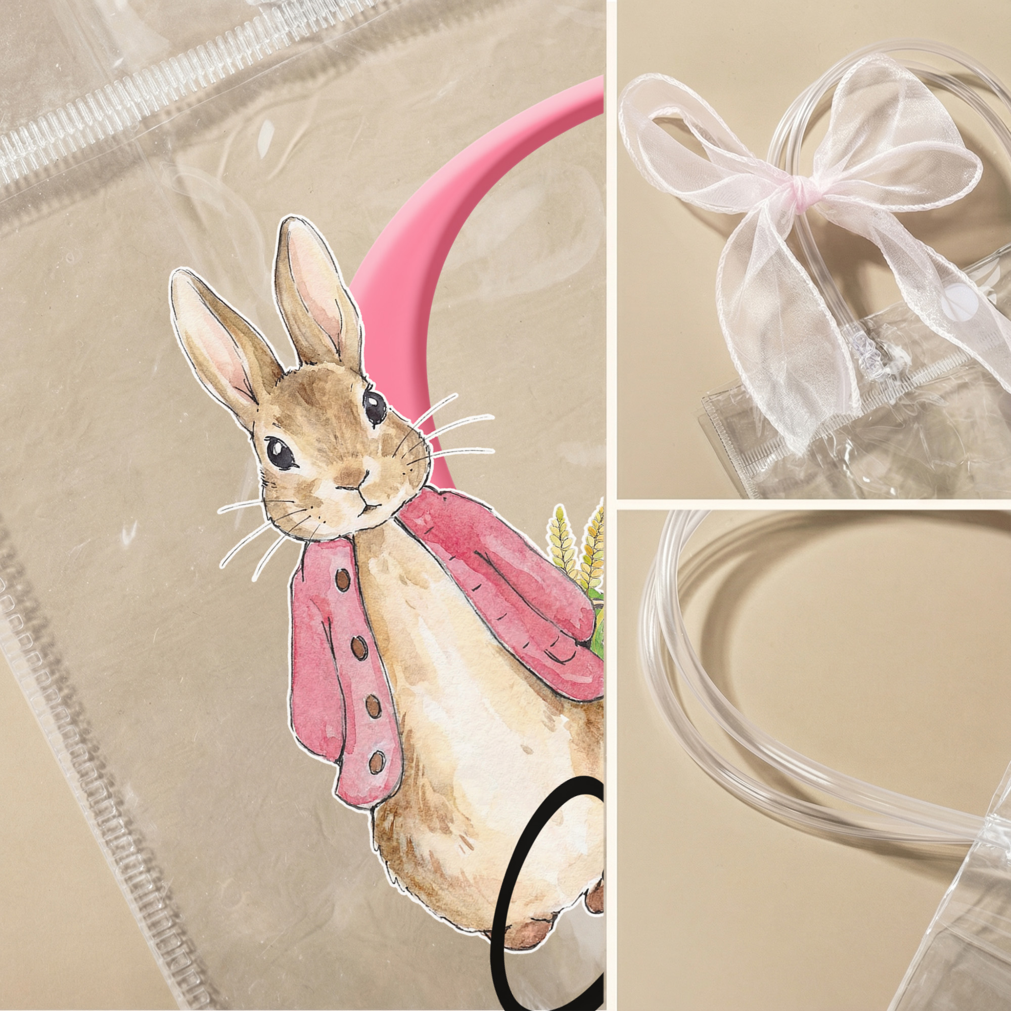 Personalized Name Peter Rabbit Alphabet Easter Gift Bag with Pink Bow Ribbon, PVC Clear Easter Egg Hunt Bag, Birthday/Easter Gift for Kids/Boys/Girls