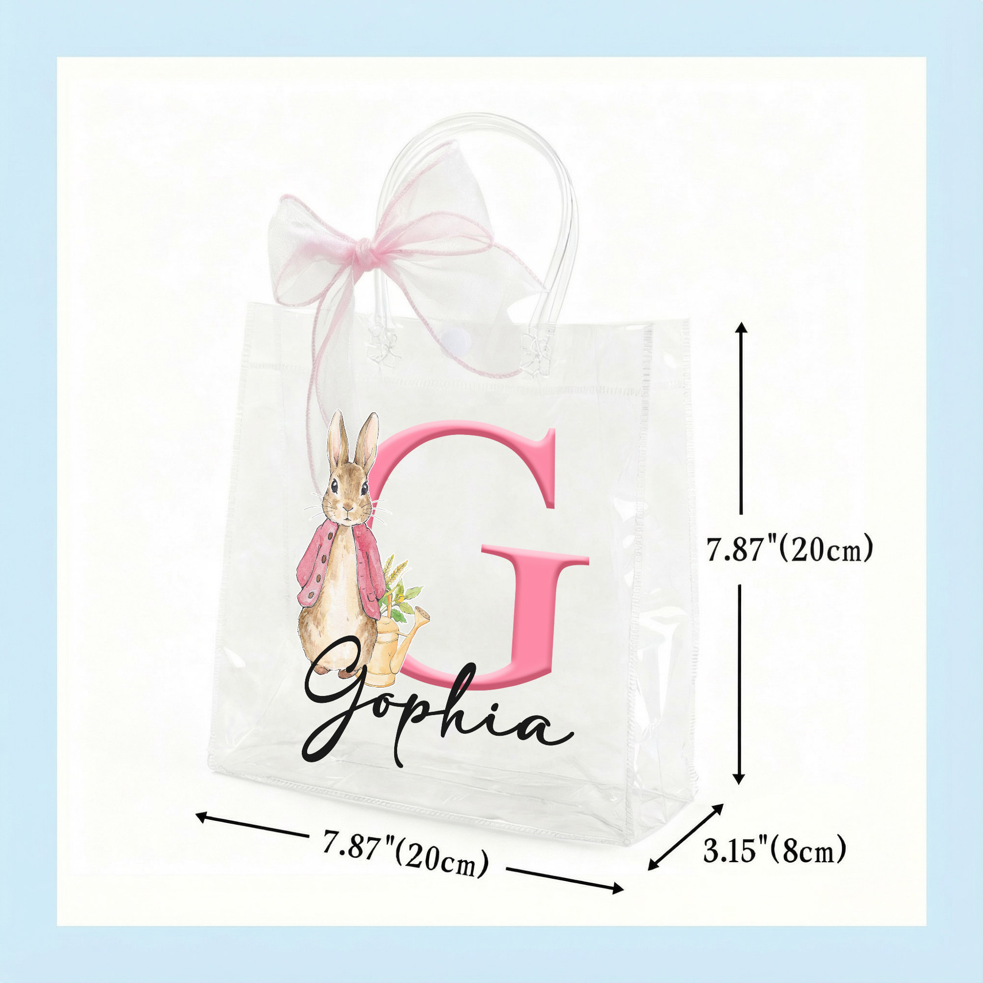 Personalized Name Peter Rabbit Alphabet Easter Gift Bag with Pink Bow Ribbon, PVC Clear Easter Egg Hunt Bag, Birthday/Easter Gift for Kids/Boys/Girls