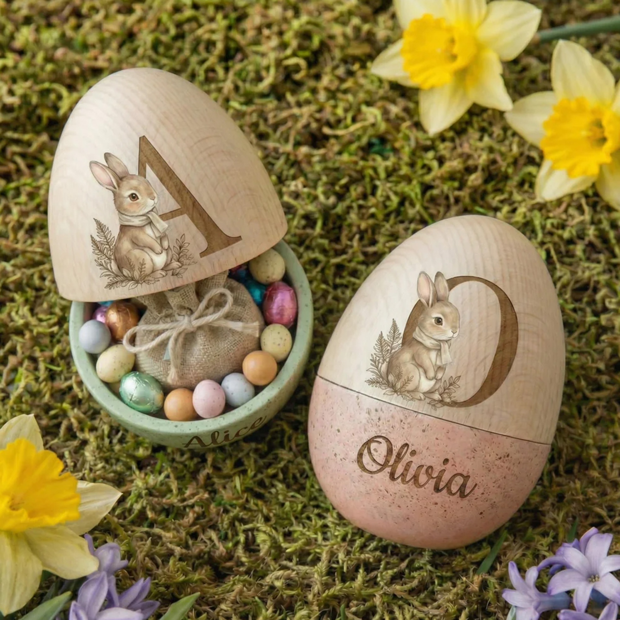 Personalized Bunny Design Easter Egg with Engraved Name and Initial, Wooden Easter Basket Stuffer, Easter Egg Hunt Party Gift for Kids/Boys/Girls