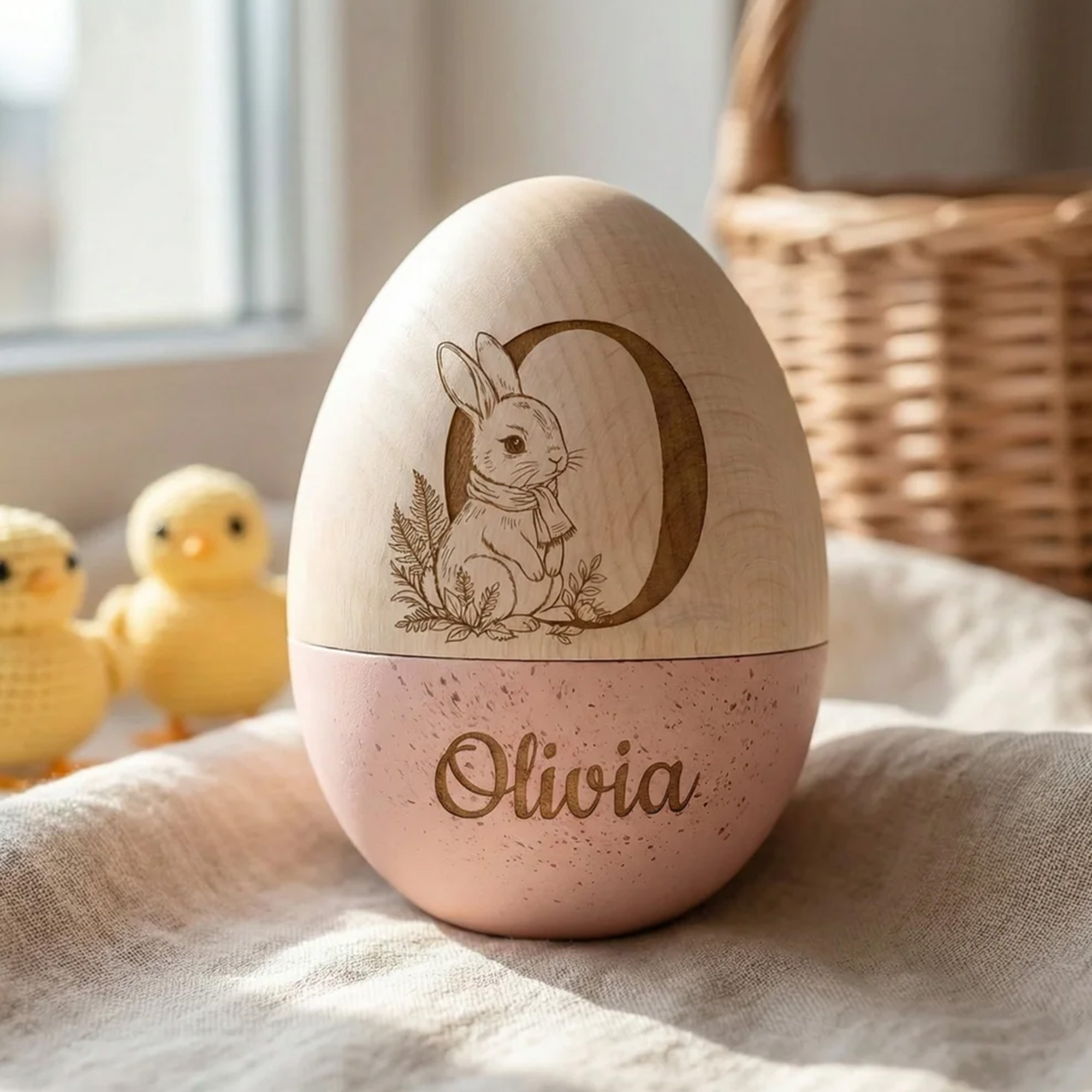 Personalized Bunny Design Easter Egg with Engraved Name and Initial, Wooden Easter Basket Stuffer, Easter Egg Hunt Party Gift for Kids/Boys/Girls