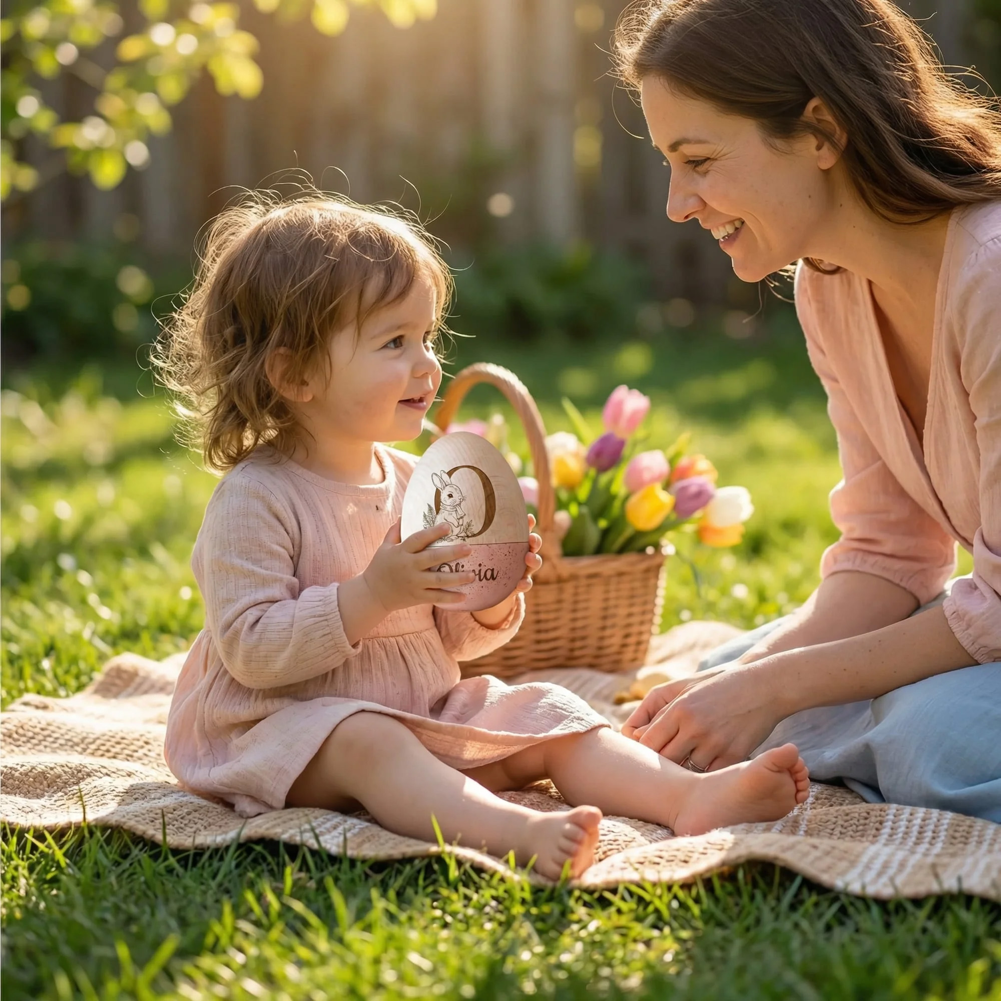Personalized Bunny Design Easter Egg with Engraved Name and Initial, Wooden Easter Basket Stuffer, Easter Egg Hunt Party Gift for Kids/Boys/Girls