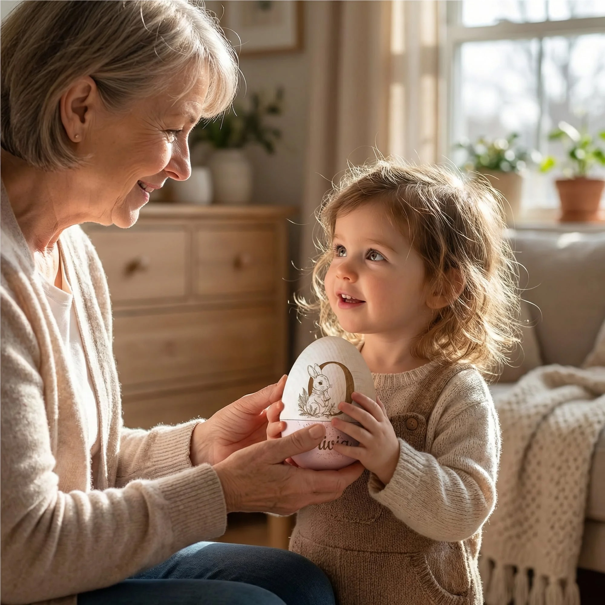 Personalized Bunny Design Easter Egg with Engraved Name and Initial, Wooden Easter Basket Stuffer, Easter Egg Hunt Party Gift for Kids/Boys/Girls