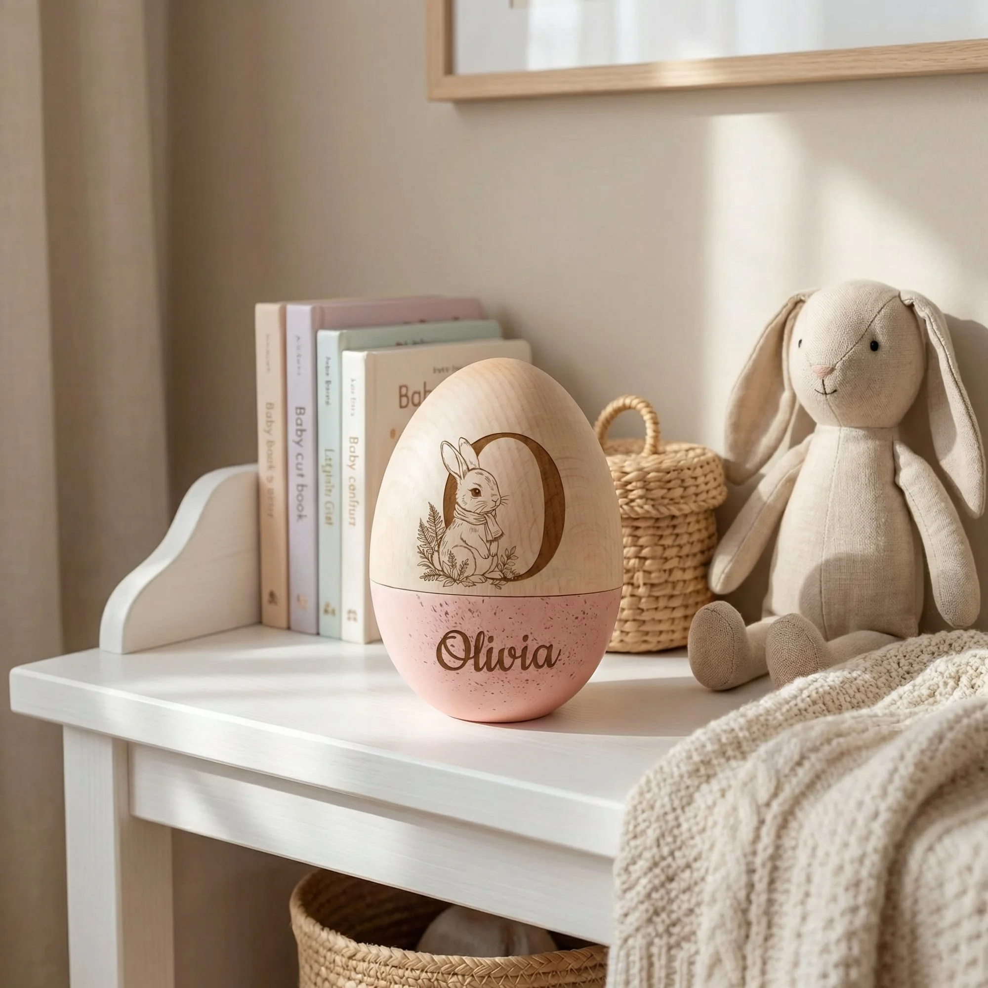 Personalized Bunny Design Easter Egg with Engraved Name and Initial, Wooden Easter Basket Stuffer, Easter Egg Hunt Party Gift for Kids/Boys/Girls