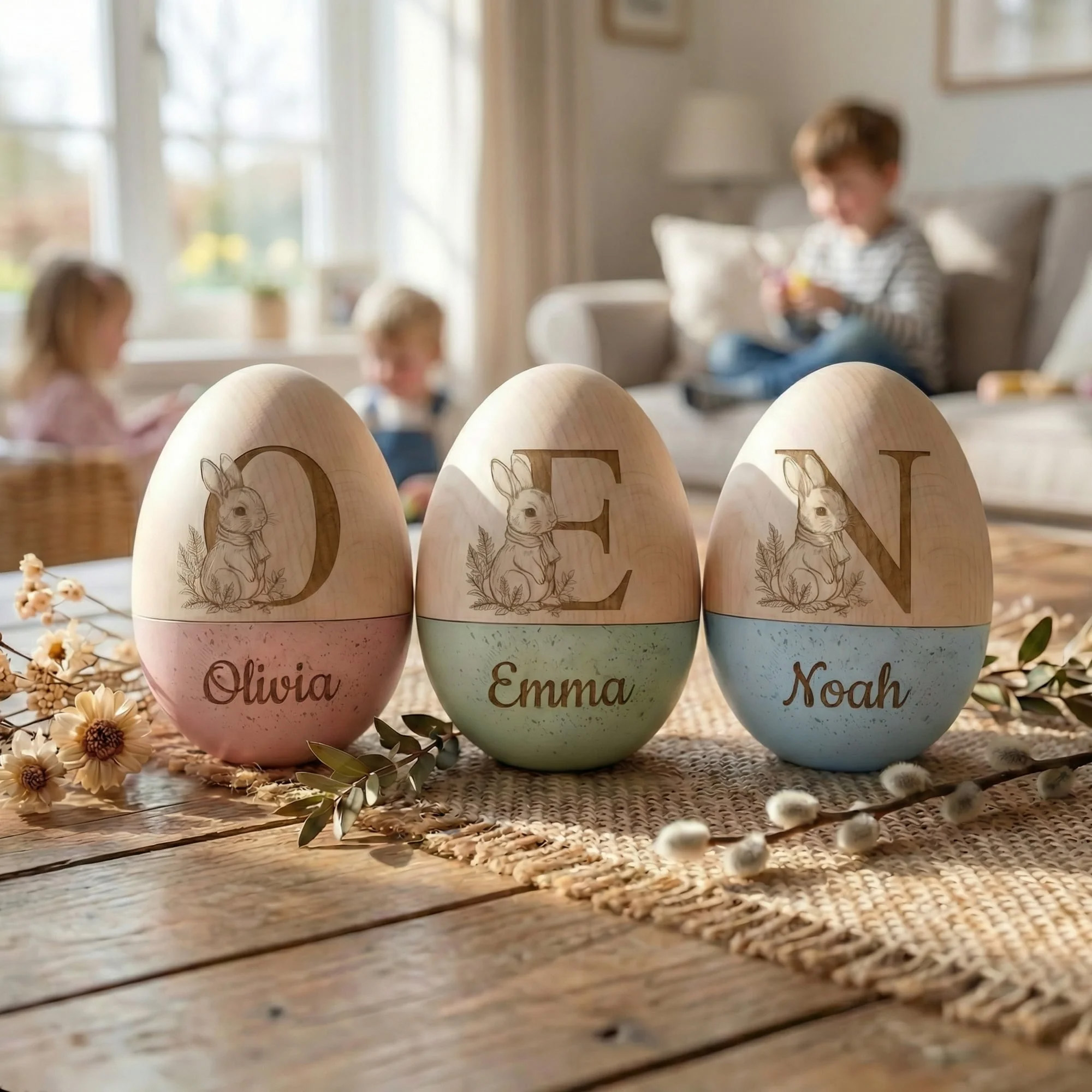 Personalized Bunny Design Easter Egg with Engraved Name and Initial, Wooden Easter Basket Stuffer, Easter Egg Hunt Party Gift for Kids/Boys/Girls