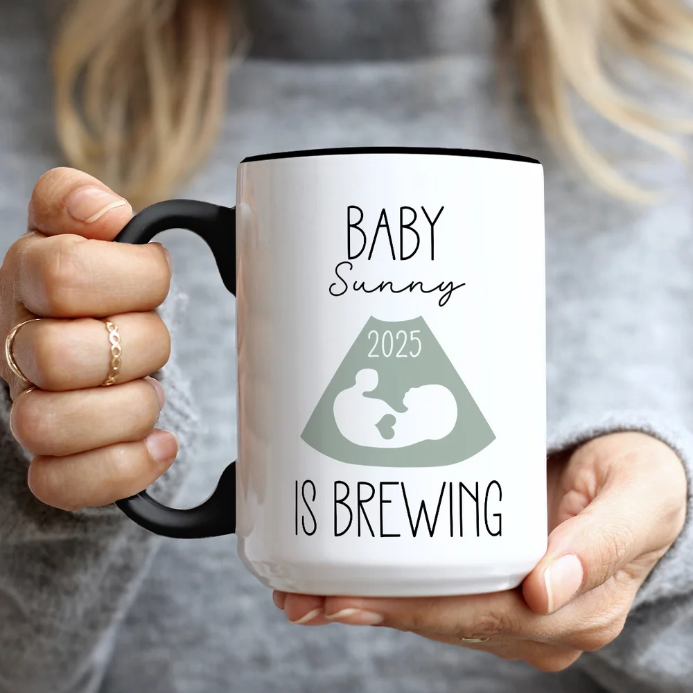 Personalized Baby is Brewing B-ultrasound Pregnancy Announcement Ceramic Mug with Name and Year Mother's Day Father's Day Gift for Expecting Parents
