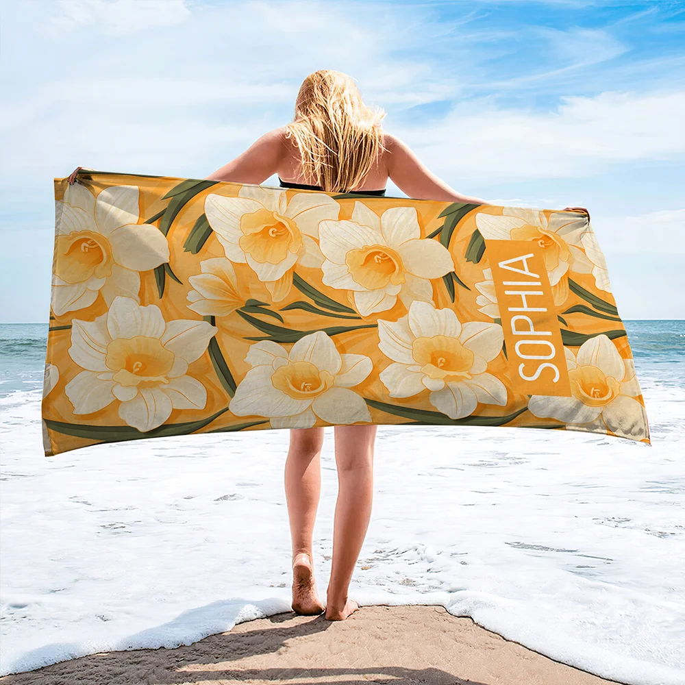 Personalized Birth Flower Quick Dry Oversized Microfiber Beach Towel with Name Summer Travel Essentials Birthday Gift for Family Friends