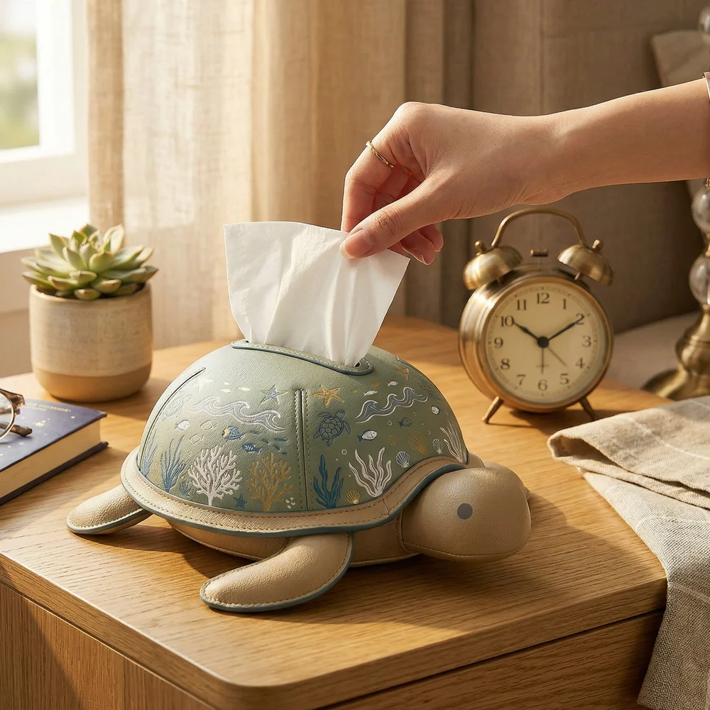 Personalized Sea Turtle Tissue Box Cover with Name, Ocean Inspired Leather Tissue Holder, Coastal Home Decor, Birthday/Housewarming Gift for Women