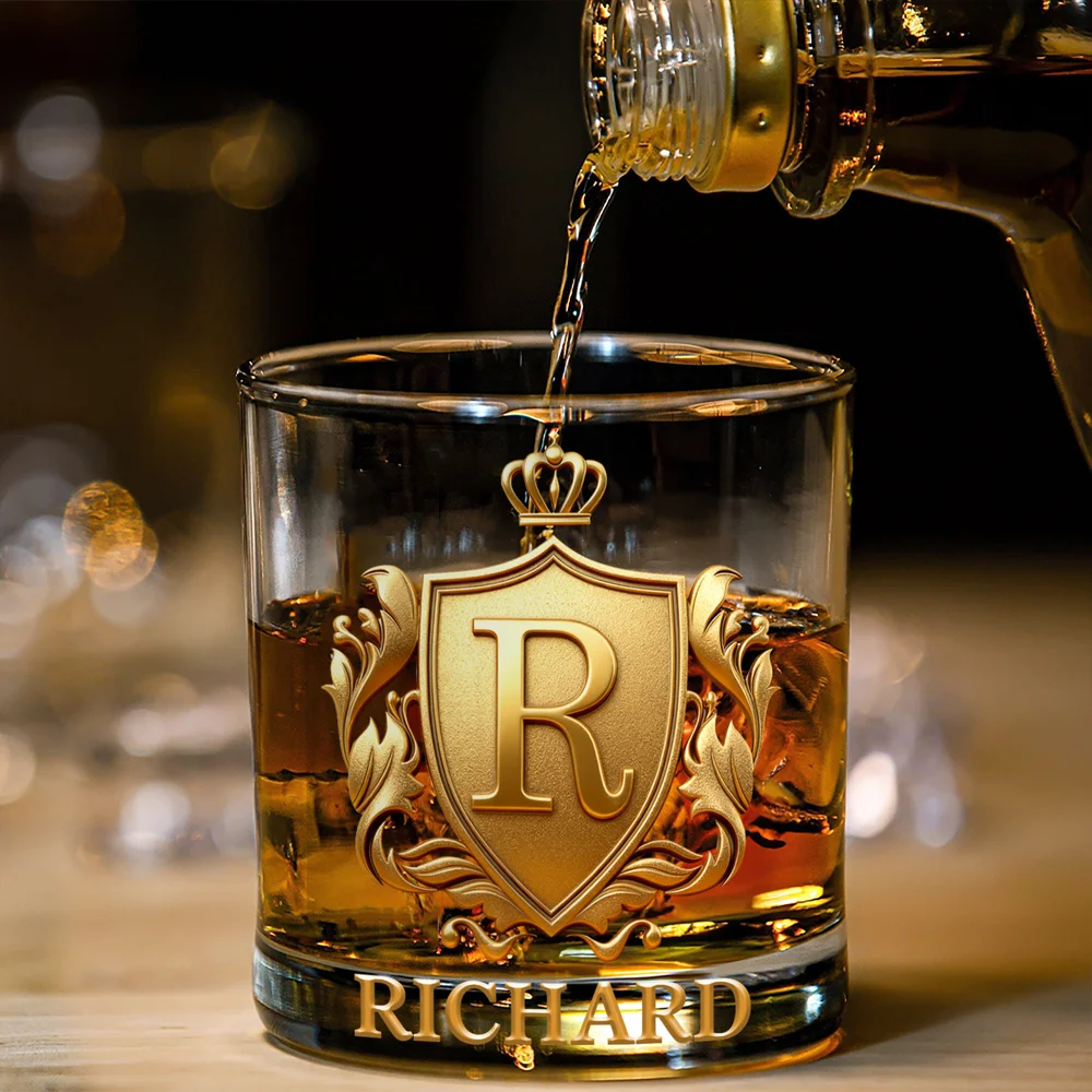 Personalized Golden 3D Badge Initial Name 10 oz Rock Whiskey Glass Old Fashioned Birthday Gift for Man Bartender Whiskey Enthusiast - CALLIE