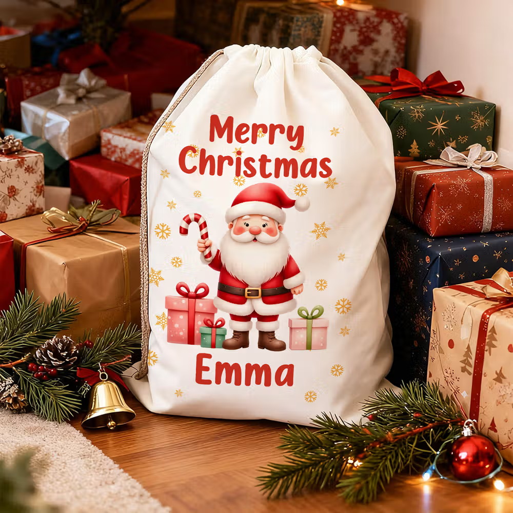 Personalized Cute Cartoon Santa Claus Snowflake Drawstring Christmas Gift Bag with Name Merry Christmas Gift for Kids Family - CALLIE