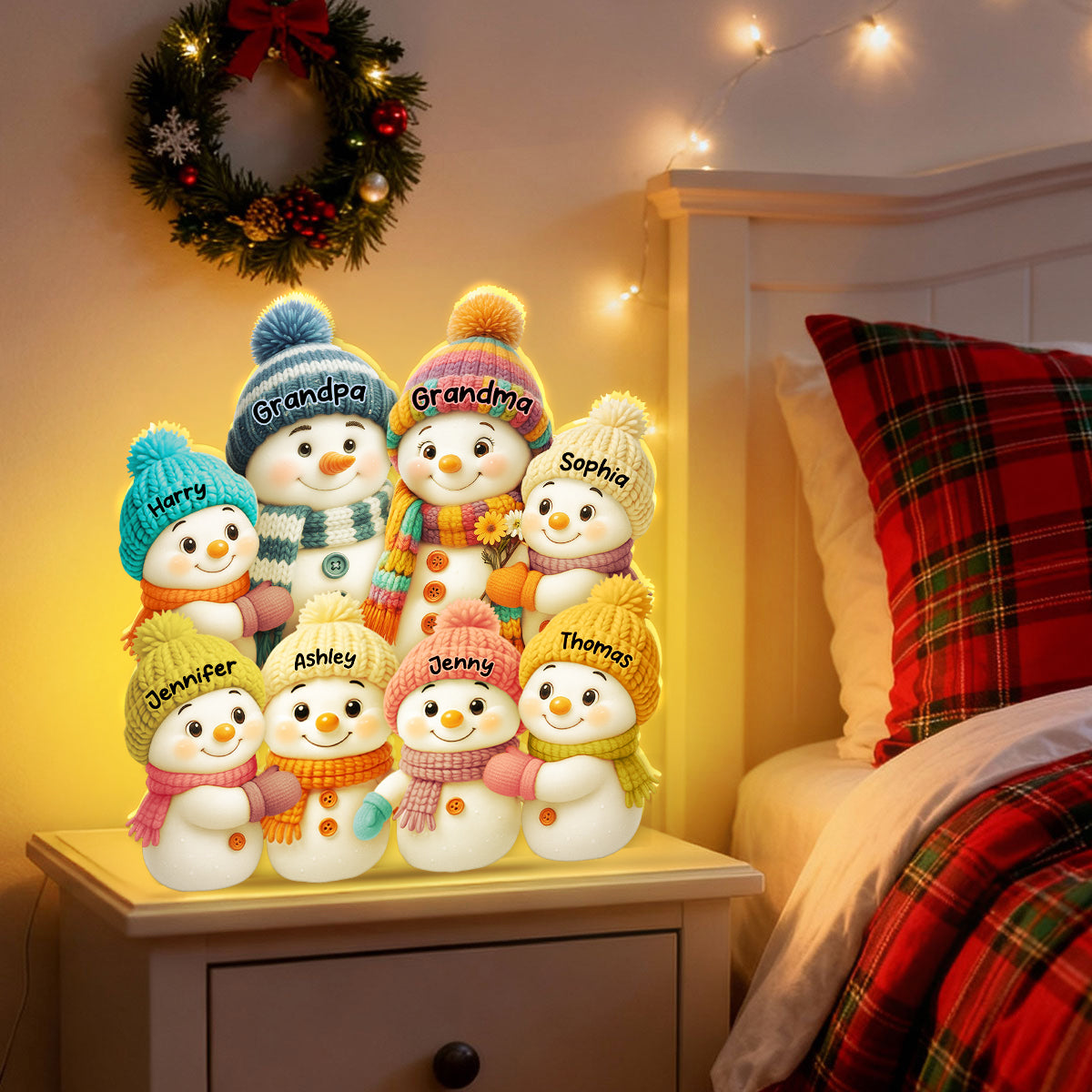 3D Effect Snowman Grandma, Grandpa, Grandparents and Grandkids Personalized Light Box - Christmas Gift for Grandparents