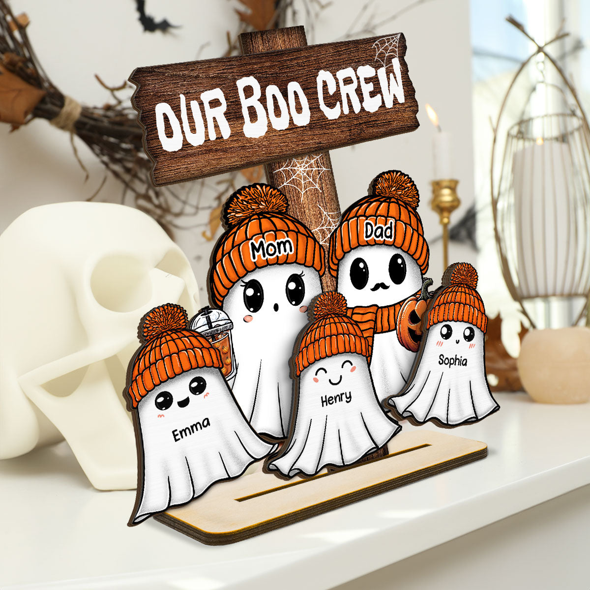 Family Our Boo Crew Fall Season Halloween Personalized 2-Layer Standing Wooden Plaque
