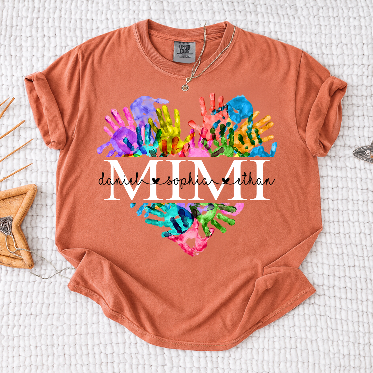Comfort Colors Personalized Mimi Shirt Colorful Handprint Heart Custom Grandkids Names Mimi Grandma Gift T Shirt