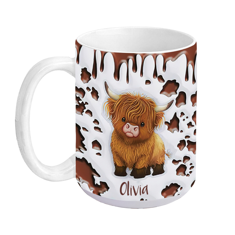 Personalized Cute Highland Cow Ceramic Coffee Mug with Name and Coaster Birthday Gift for Highland Cow Lover