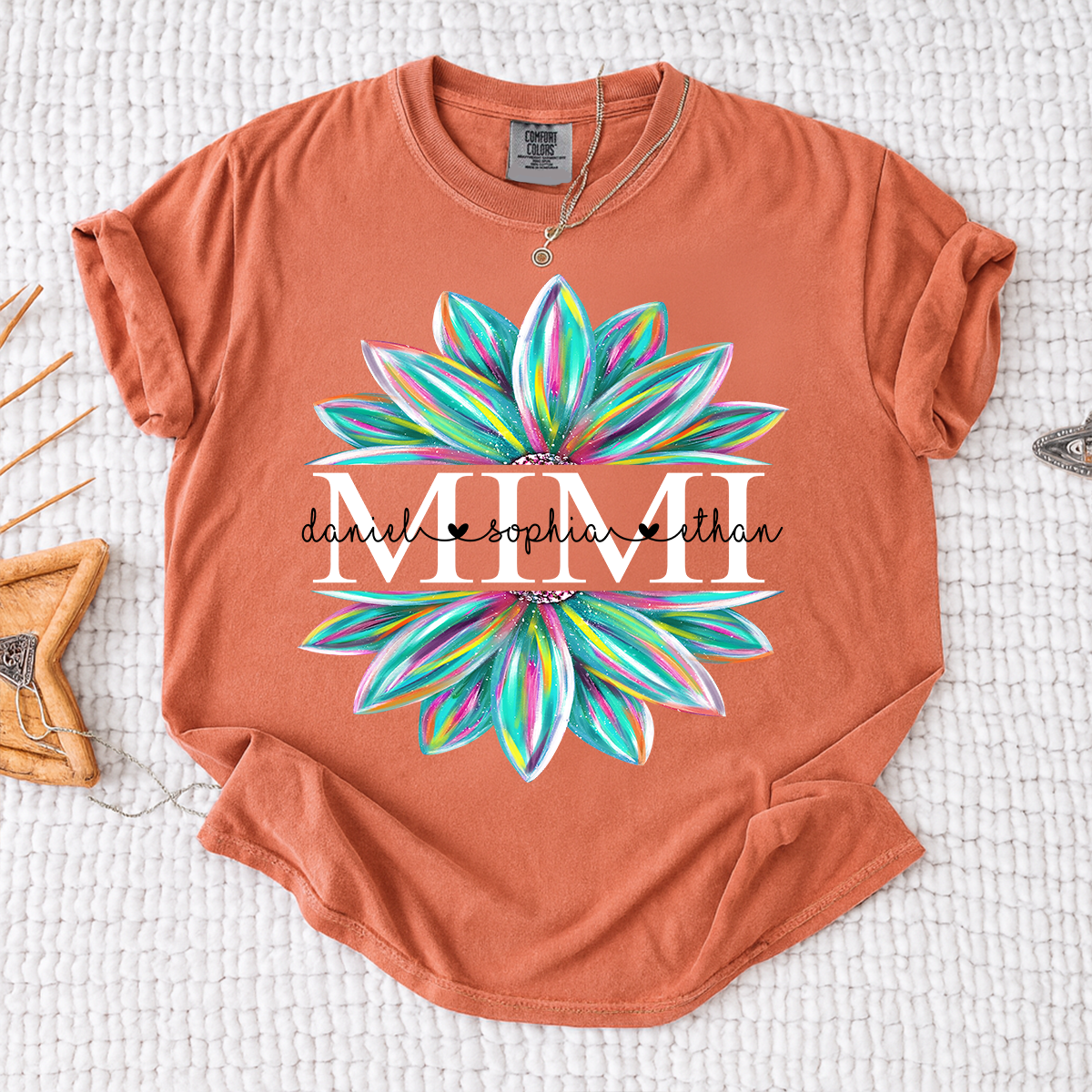 Comfort Colors Personalized MIMI T Shirt, Custom Family Names with Colorful Flower Design, Perfect Gift for Mimi