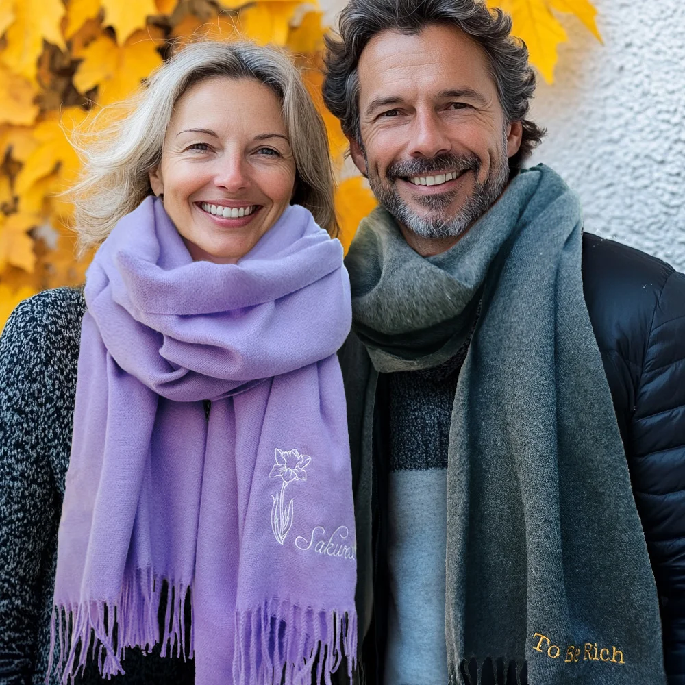 Personalized Super Soft Warm Scarf with Embroidered Birth Flower and Text Fashion Accessory Birthday Christmas Gift for Couple Family