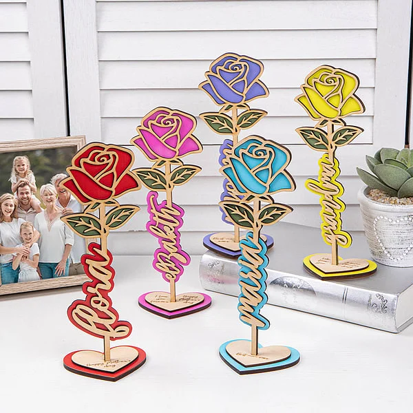 Personalized 3D Standable Wooden Rose Sign with Engraved Text Desk Decoration Mother's Day Gift for Mom