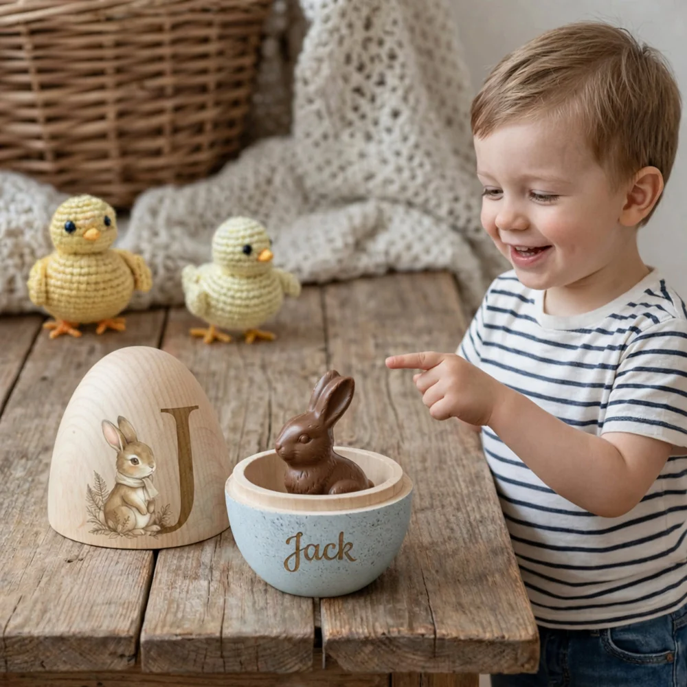 Personalized Bunny Design Easter Egg with Engraved Name and Initial, Wooden Easter Basket Stuffer, Easter Egg Hunt Party Gift for Kids/Boys/Girls