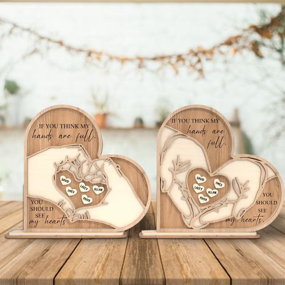 Custom Mothers Day Standing Wooden Heart Hands With Kid Names